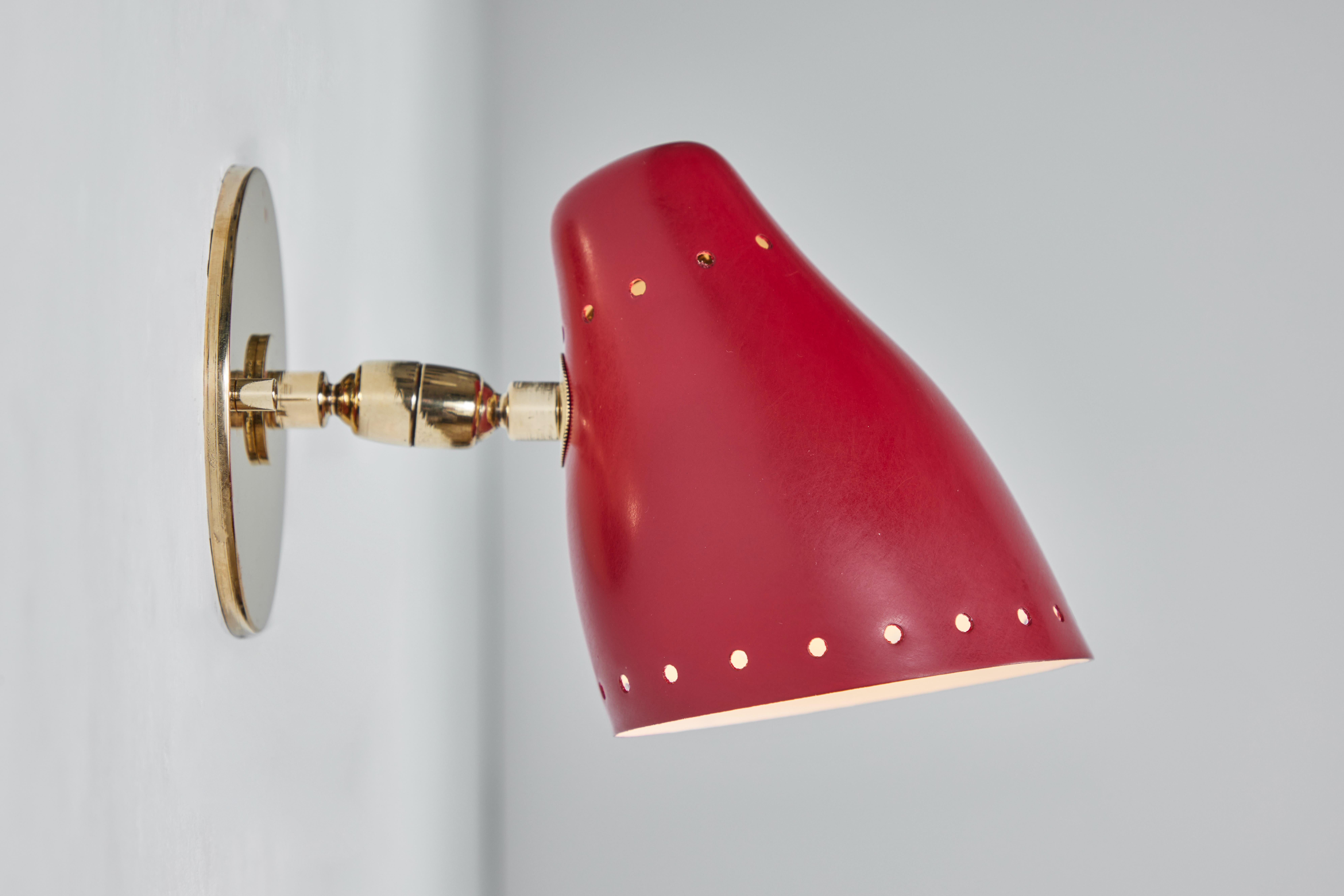 French Pair of 1950s Red Perforated Sconces Attributed to Jacques Biny