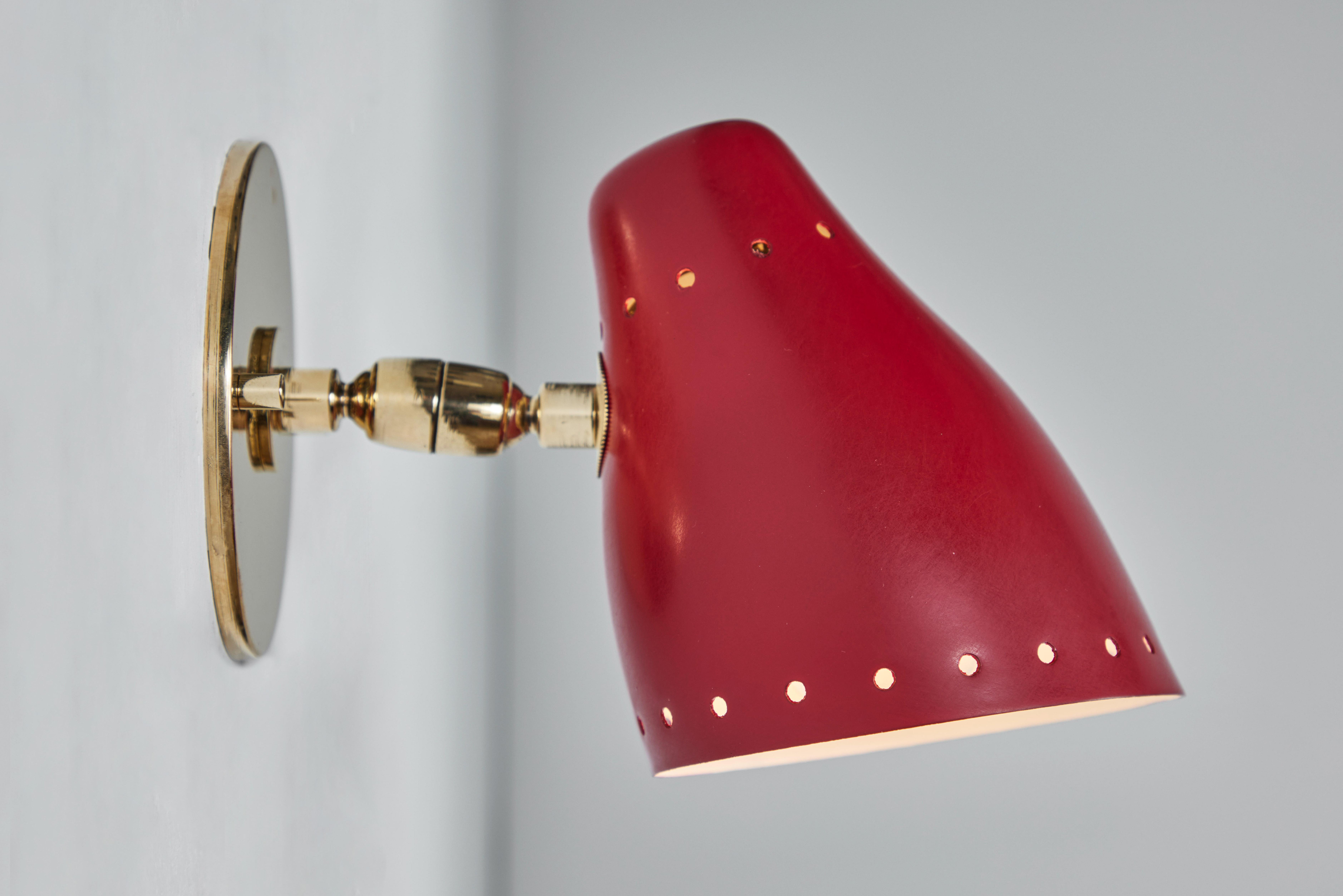 Painted Pair of 1950s Red Perforated Sconces Attributed to Jacques Biny