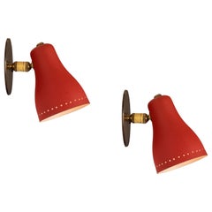Pair of 1950s Red Perforated Sconces Attributed to Jacques Biny