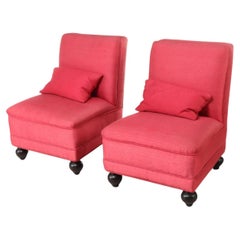 Pair of 1950s Red Silk and Linen Blend Custom Upholstered Slipper Chairs 