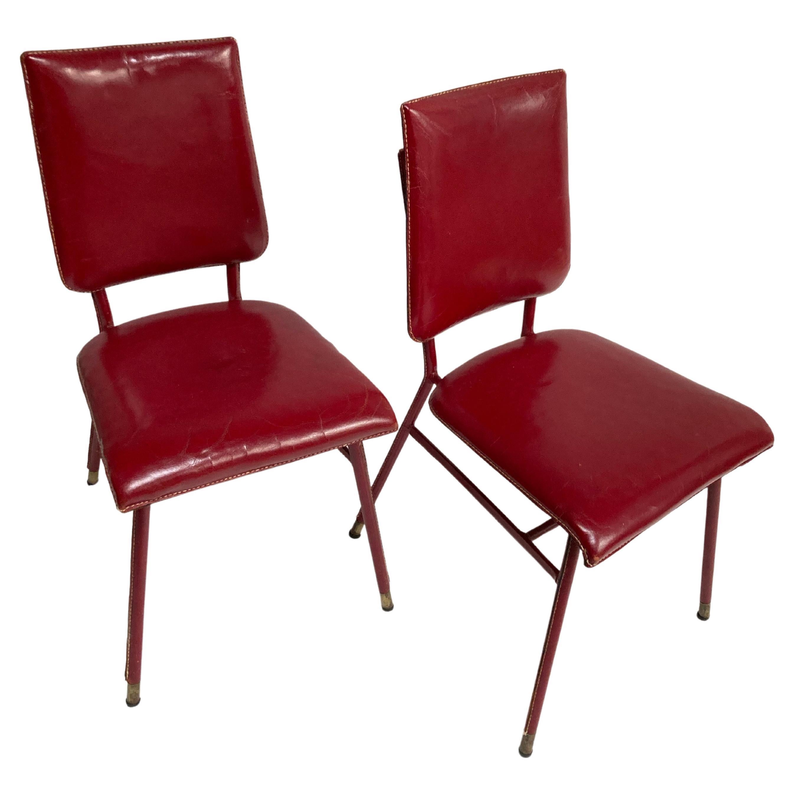 Pair of 1950's Red Stitched Leather Chairs by Jacques Adnet