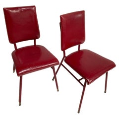Vintage Pair of 1950's Red Stitched Leather Chairs by Jacques Adnet
