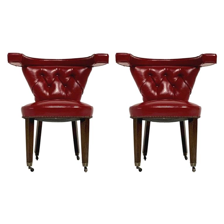 Pair Of 1950s Red Tufted Sculptural, George Leather Dining Chair Tufted Nailhead Trim