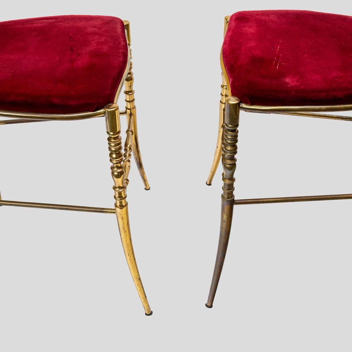 Mid-20th Century Pair of 1950s red velvet upholstered brass metal chairs by Chiavari For Sale