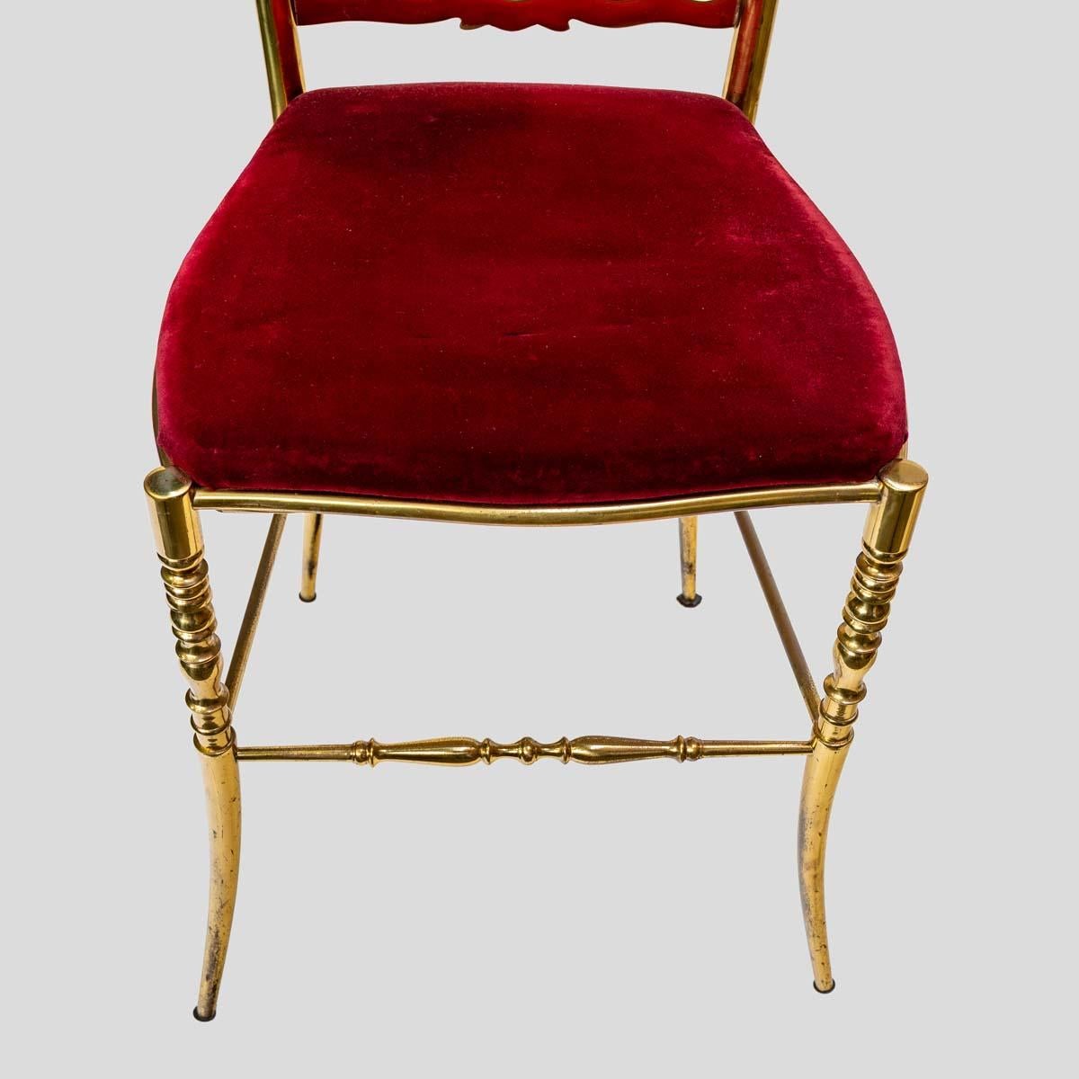 Pair of 1950s red velvet upholstered brass metal chairs by Chiavari For Sale 2