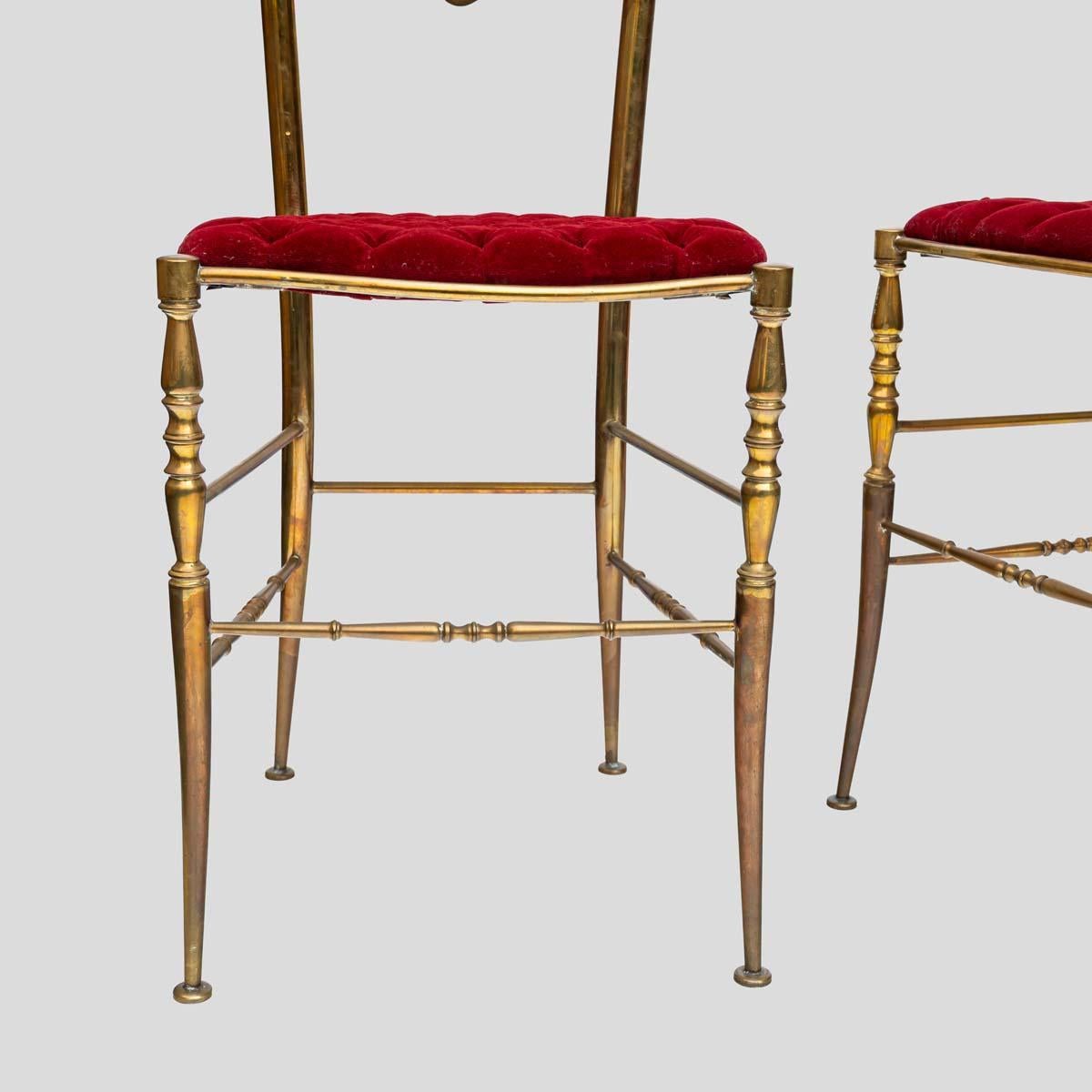 Pair of 1950s red velvet upholstered brass metal high back chairs by Chiavari For Sale 5