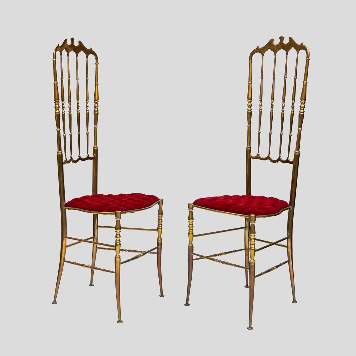 Mid-Century Modern Pair of 1950s red velvet upholstered brass metal high back chairs by Chiavari For Sale