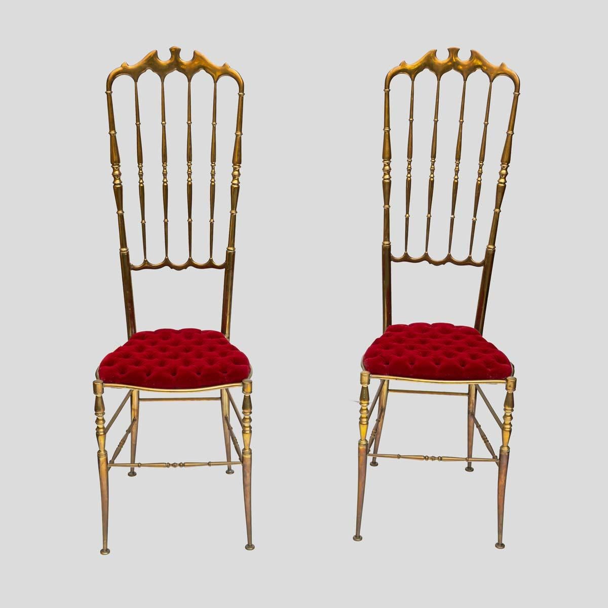 Mid-20th Century Pair of 1950s red velvet upholstered brass metal high back chairs by Chiavari For Sale