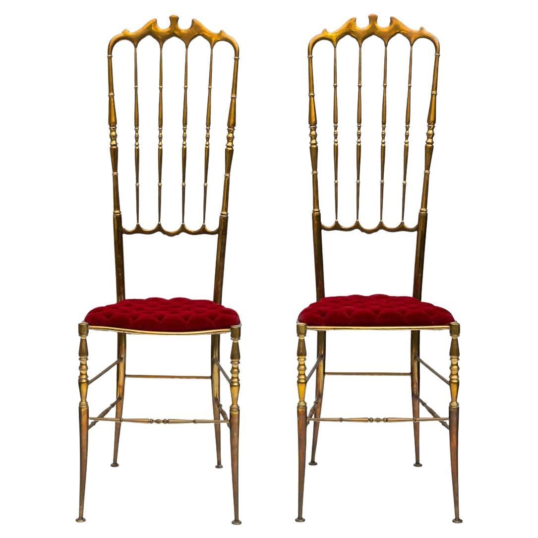 Pair of 1950s red velvet upholstered brass metal high back chairs by Chiavari