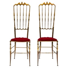 Pair of 1950s red velvet upholstered brass metal high back chairs by Chiavari