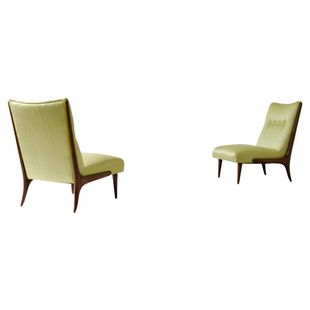 Pair of 1950s Refined Armchairs with Upholstered Seat and Back