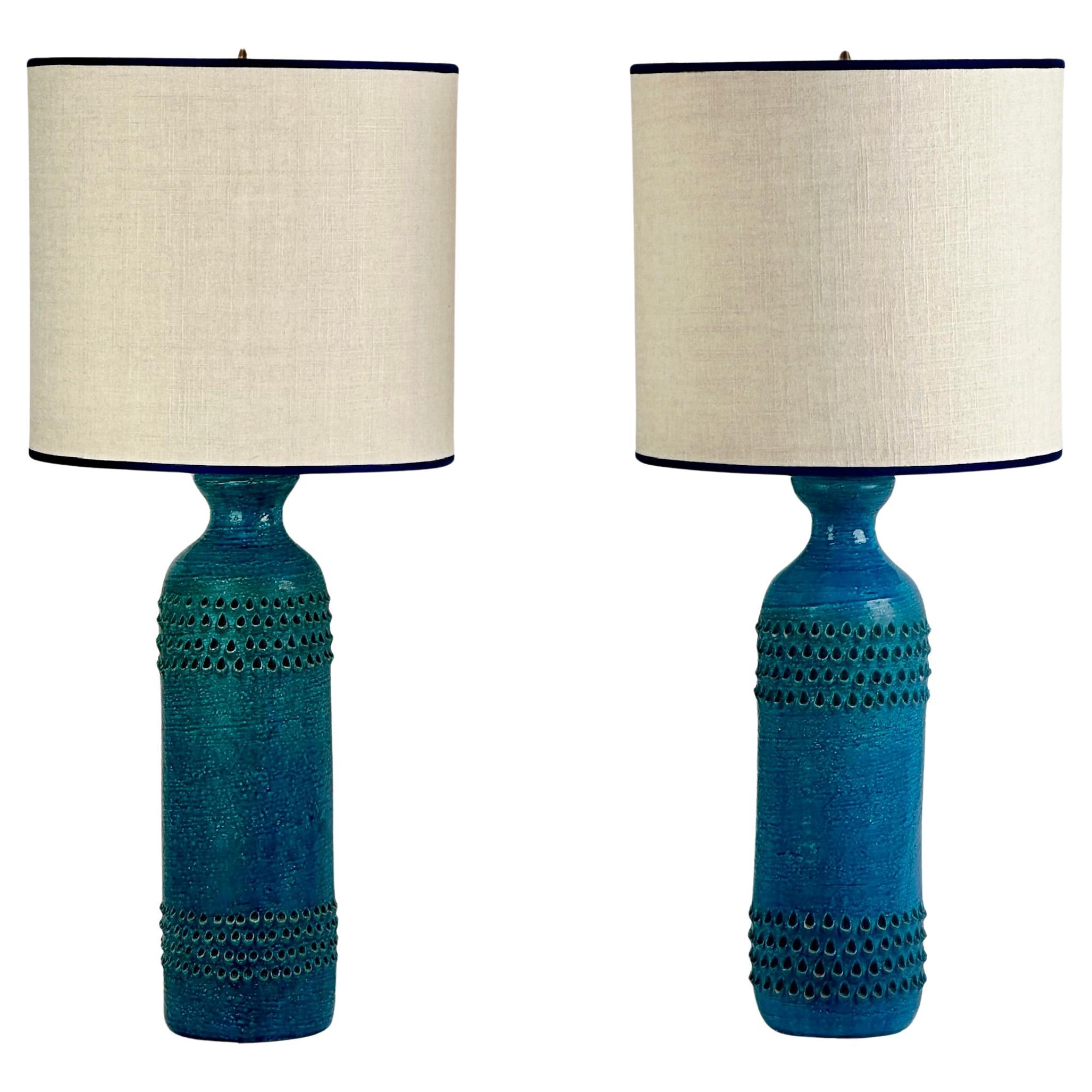 Pair of 1950's Rimini Blue Ceramic Table Lamps by Aldo Londi for Bitossi