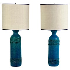 Paar blaue Rimini-Tischlampen aus Keramik von Aldo Londi für Bitossi aus den 1950er Jahren
