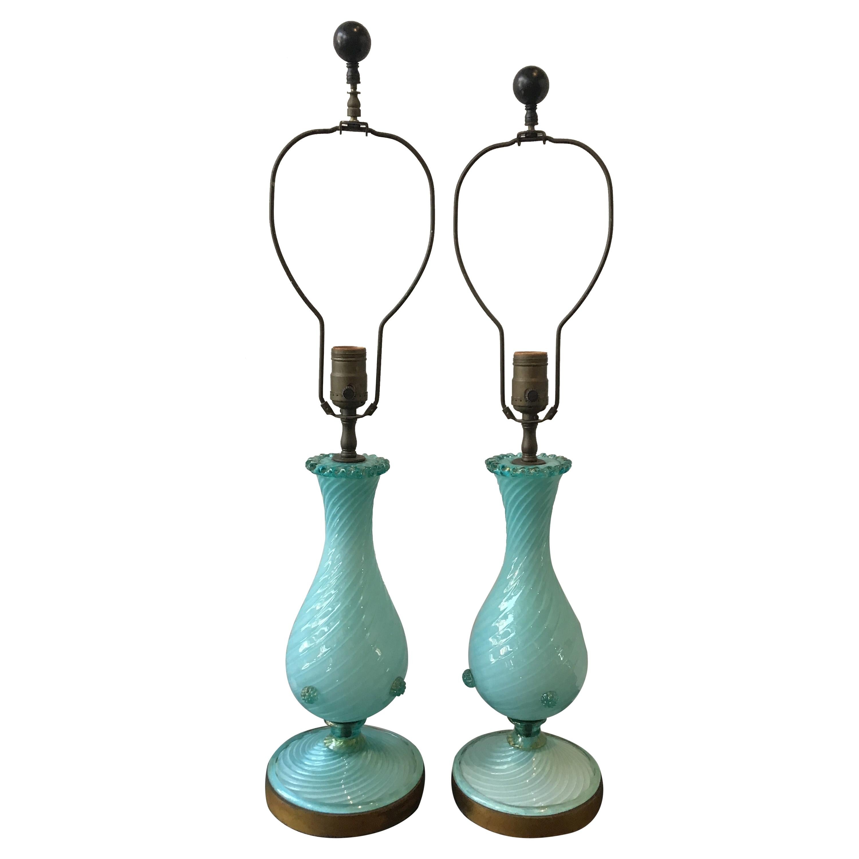 Pair of 1950s Robin Egg Blue Murano Lamps