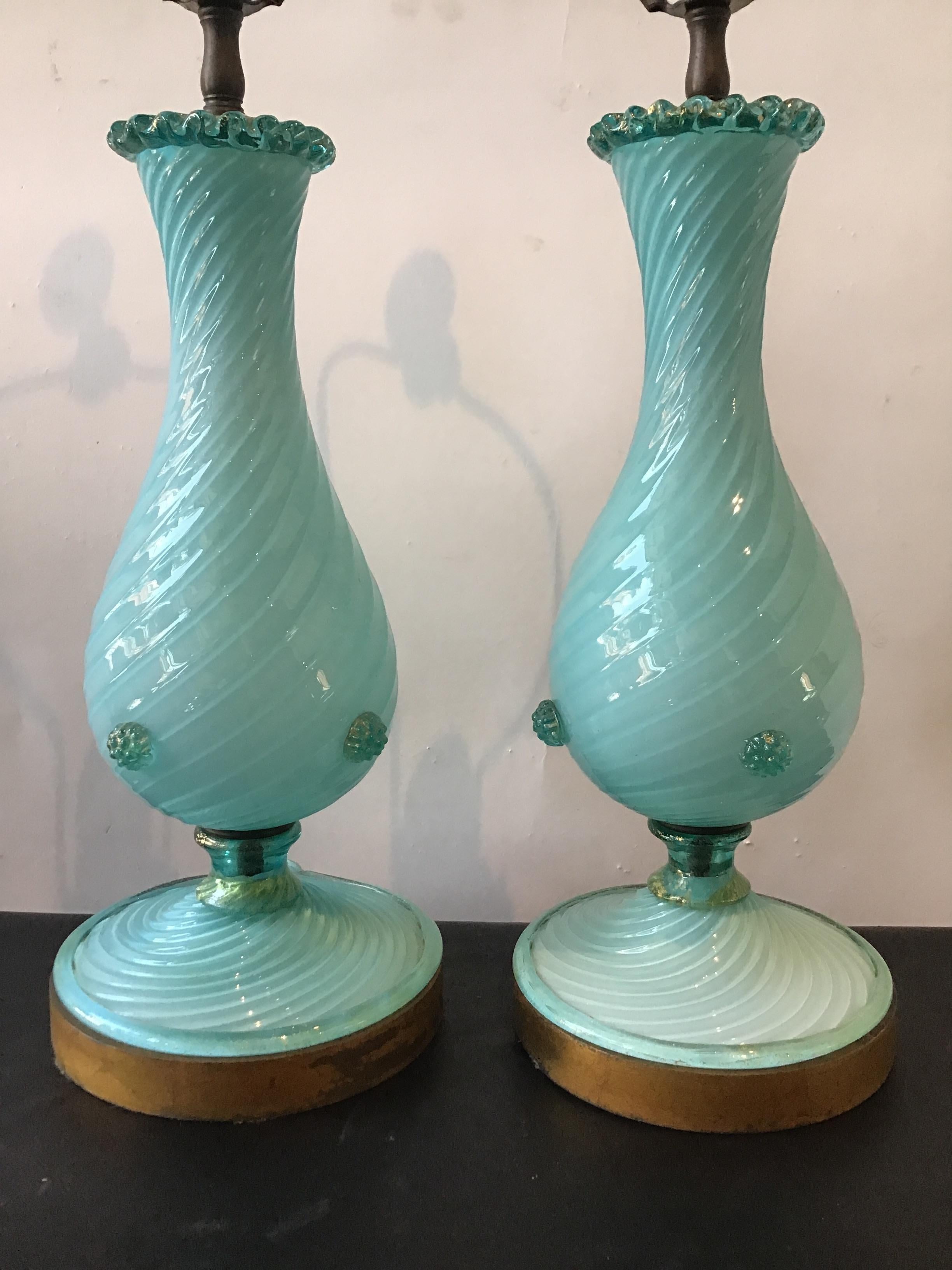 Pair of 1950s robin egg blue Murano lamps. From a Southampton, NY estate.