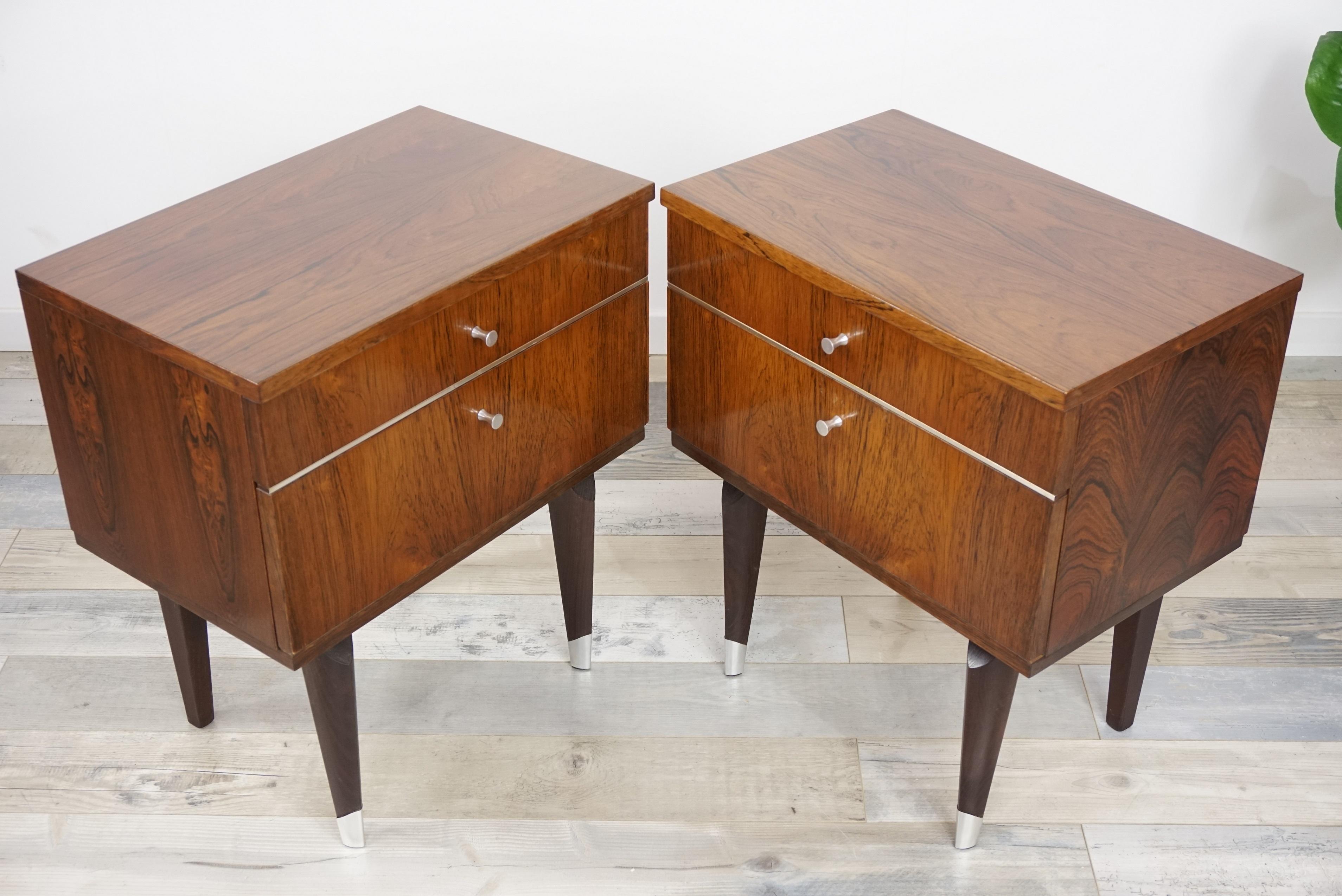 Mid-Century Modern Pair of 1950s Rosewood and Chrome Bedside Tables