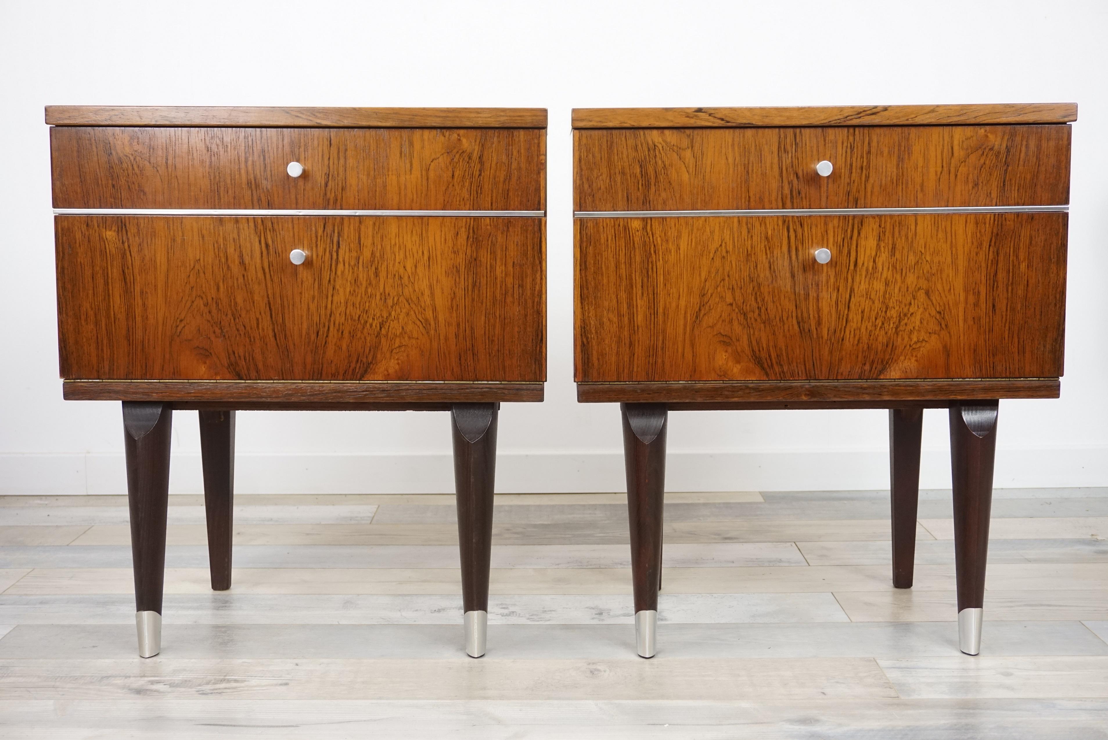 Belgian Pair of 1950s Rosewood and Chrome Bedside Tables