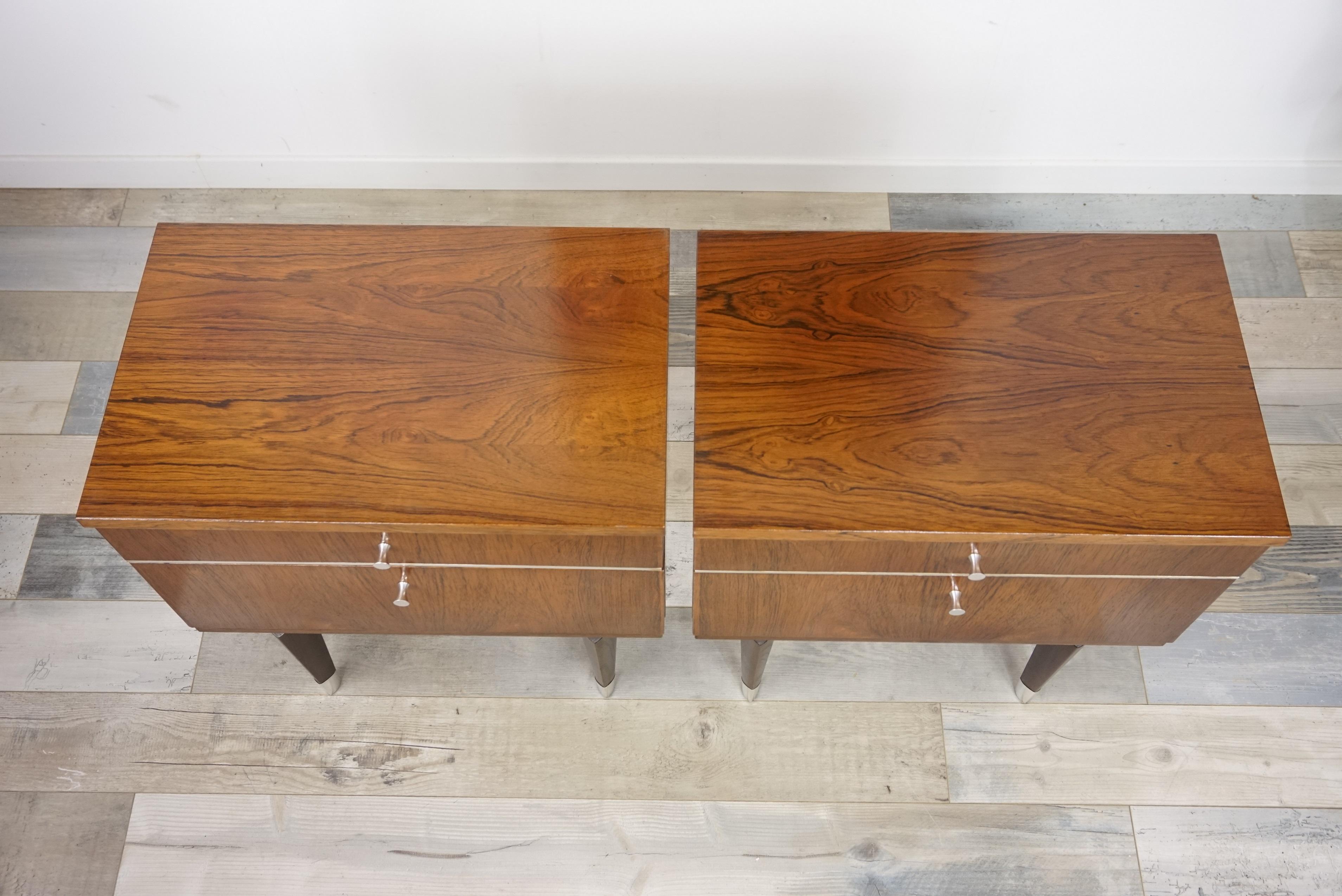 Mid-20th Century Pair of 1950s Rosewood and Chrome Bedside Tables