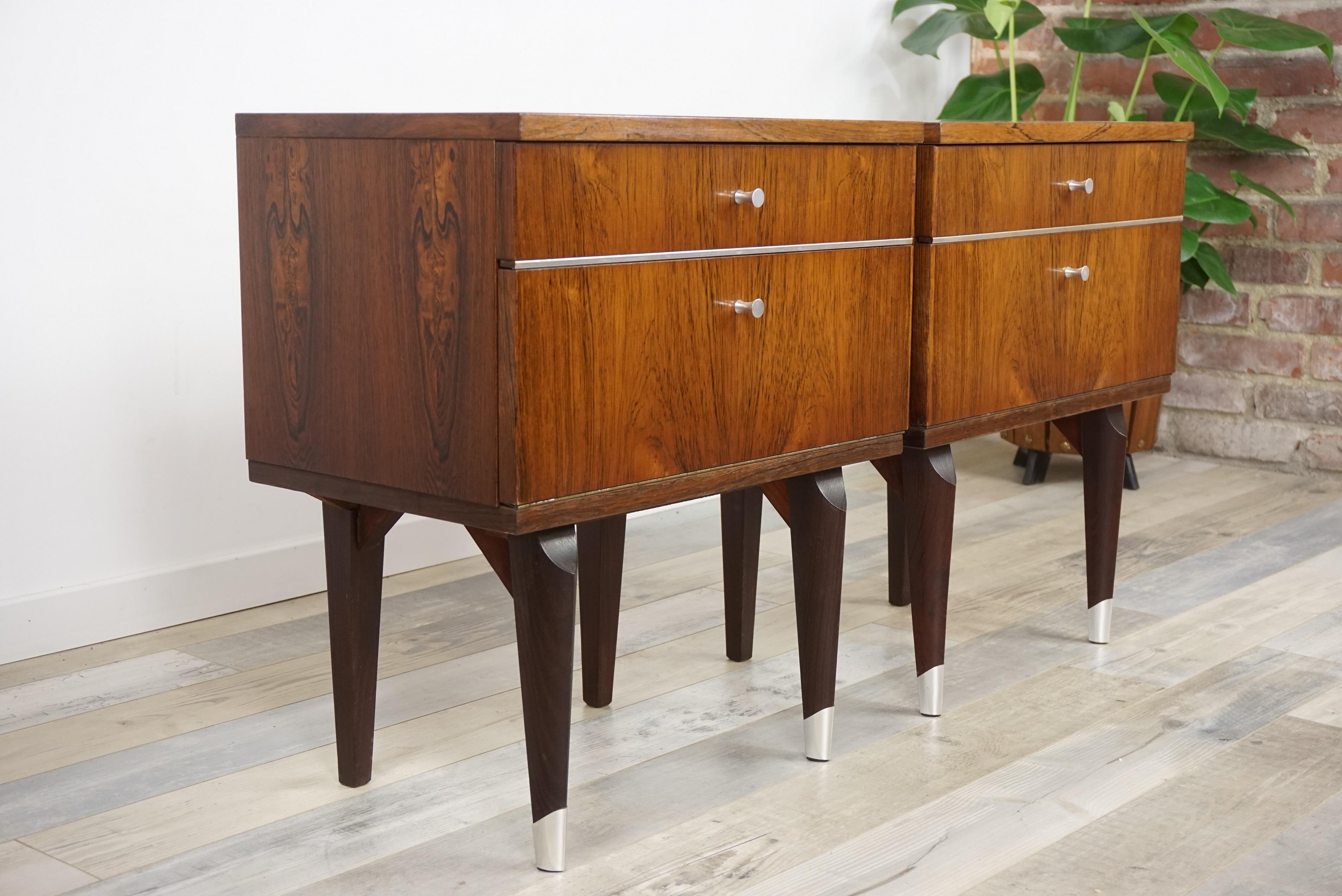 Metal Pair of 1950s Rosewood and Chrome Bedside Tables