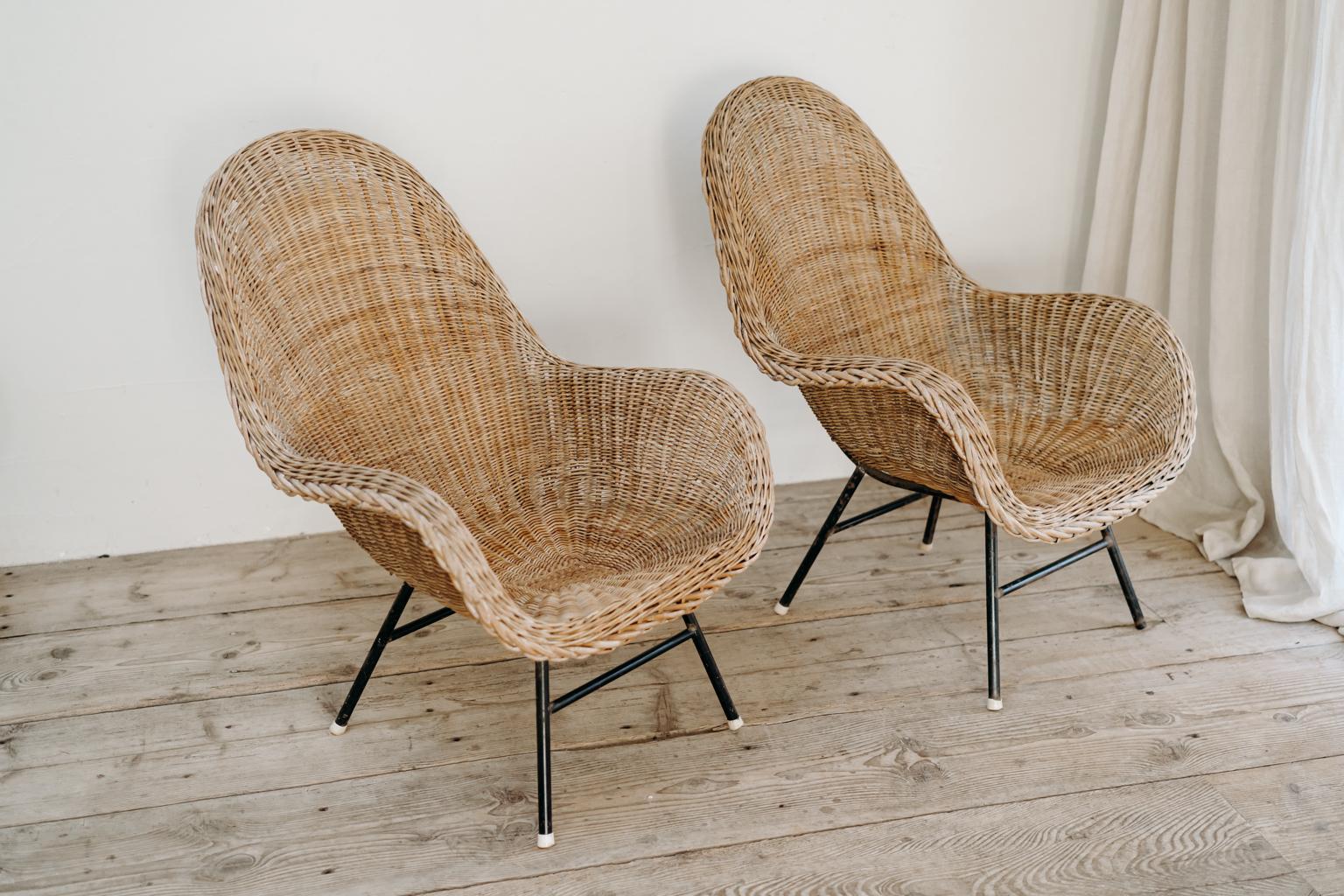 French Pair of 1950's Rotan Armchairs