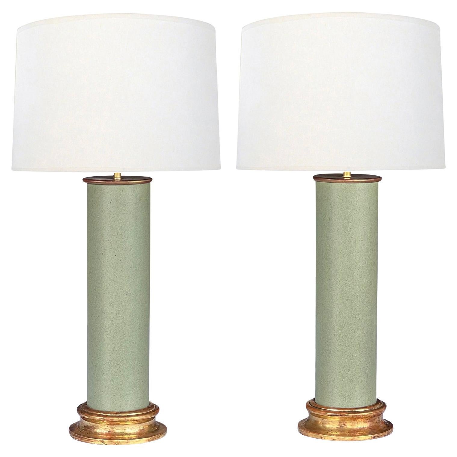Pair of 1950s Royal Haeger Celadon-green Cylindrical Vases Now as Lamps