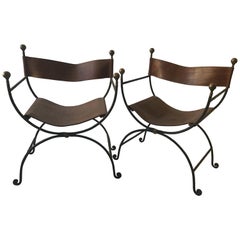 Retro Pair of 1950s Savonarola Leather/ Iron Chairs
