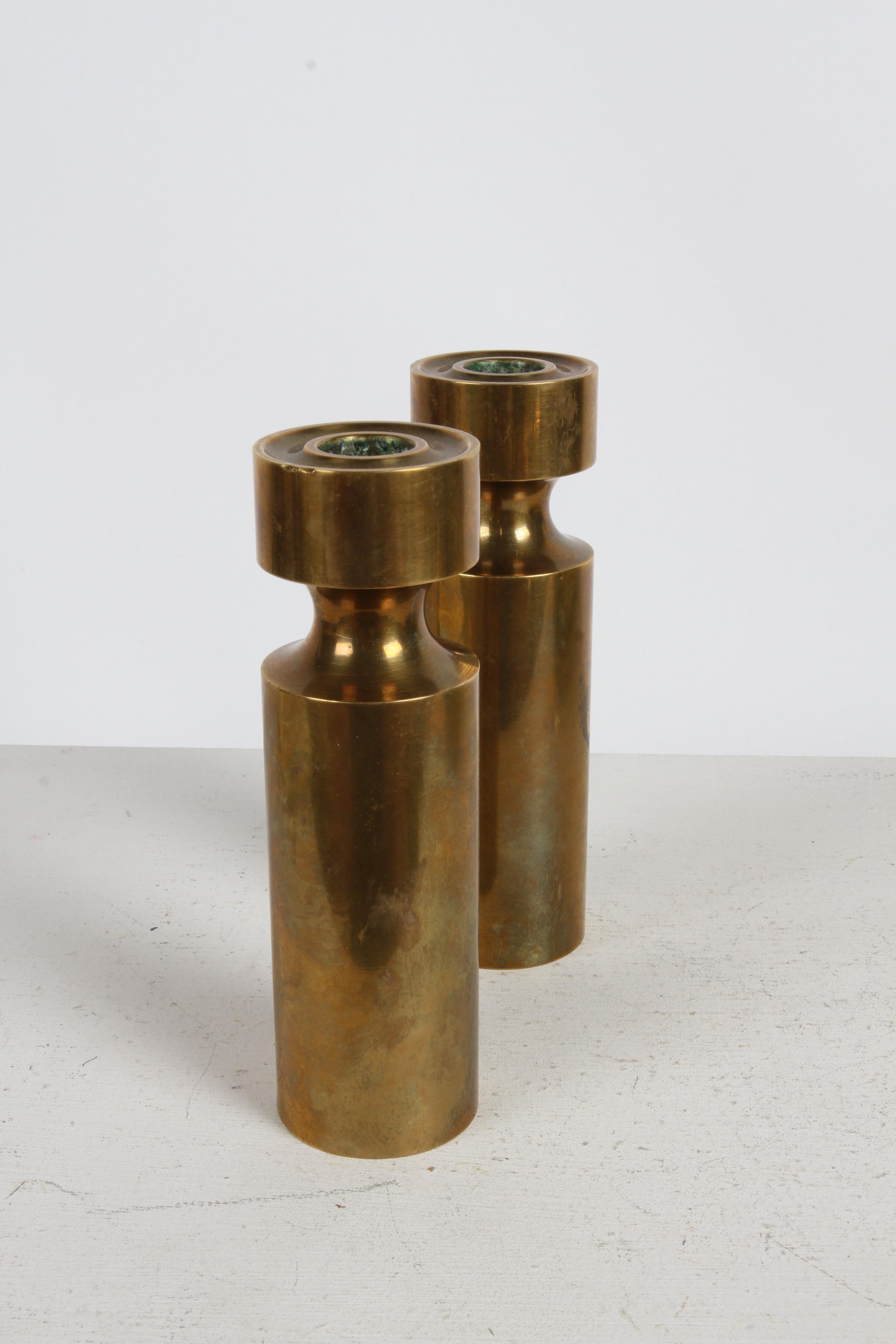 Pair of 1950s Scandinavian Heavy Solid Bronze Minimalist Candle Holders - Norway For Sale 5