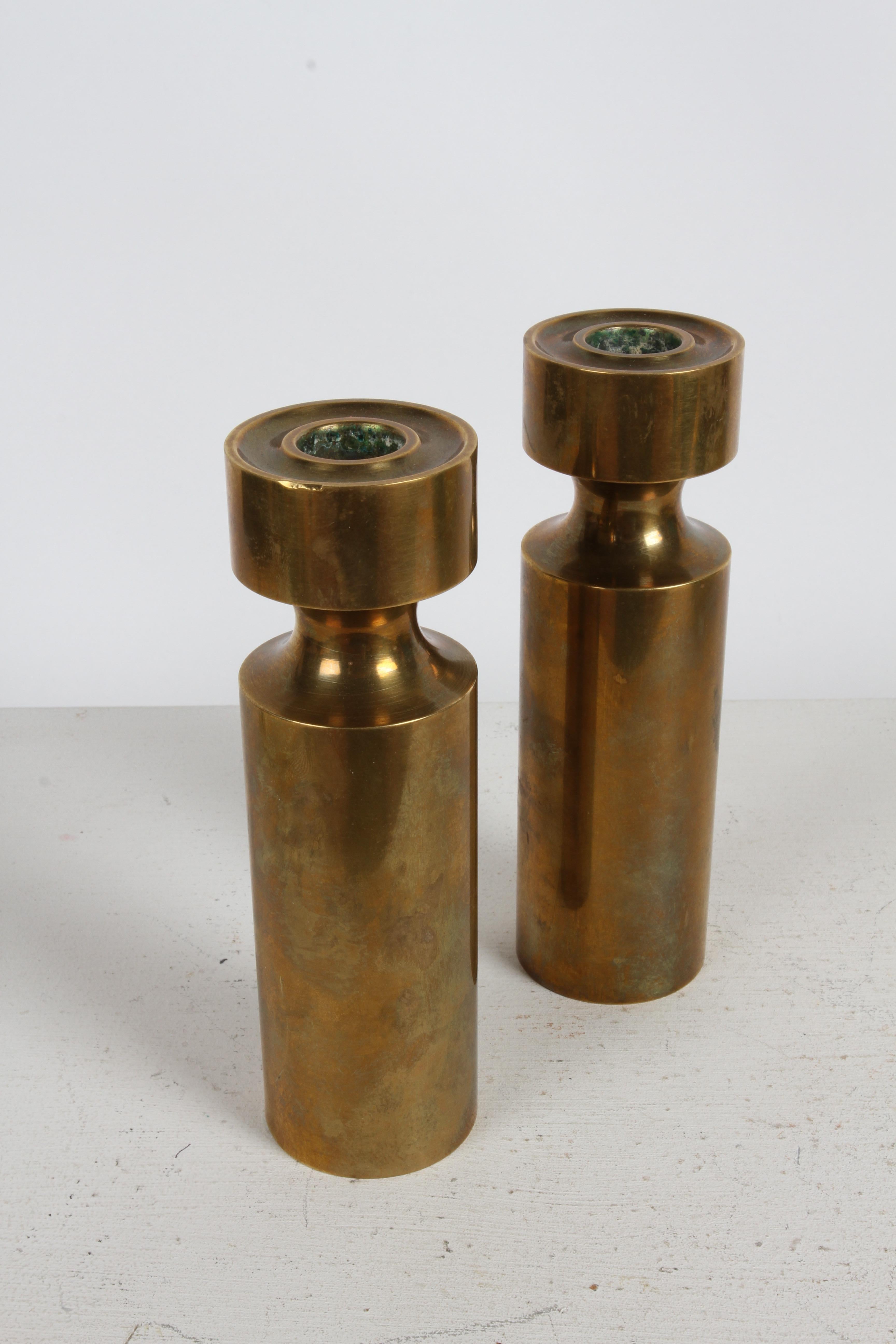 Pair of 1950s Scandinavian Heavy Solid Bronze Minimalist Candle Holders - Norway For Sale 6