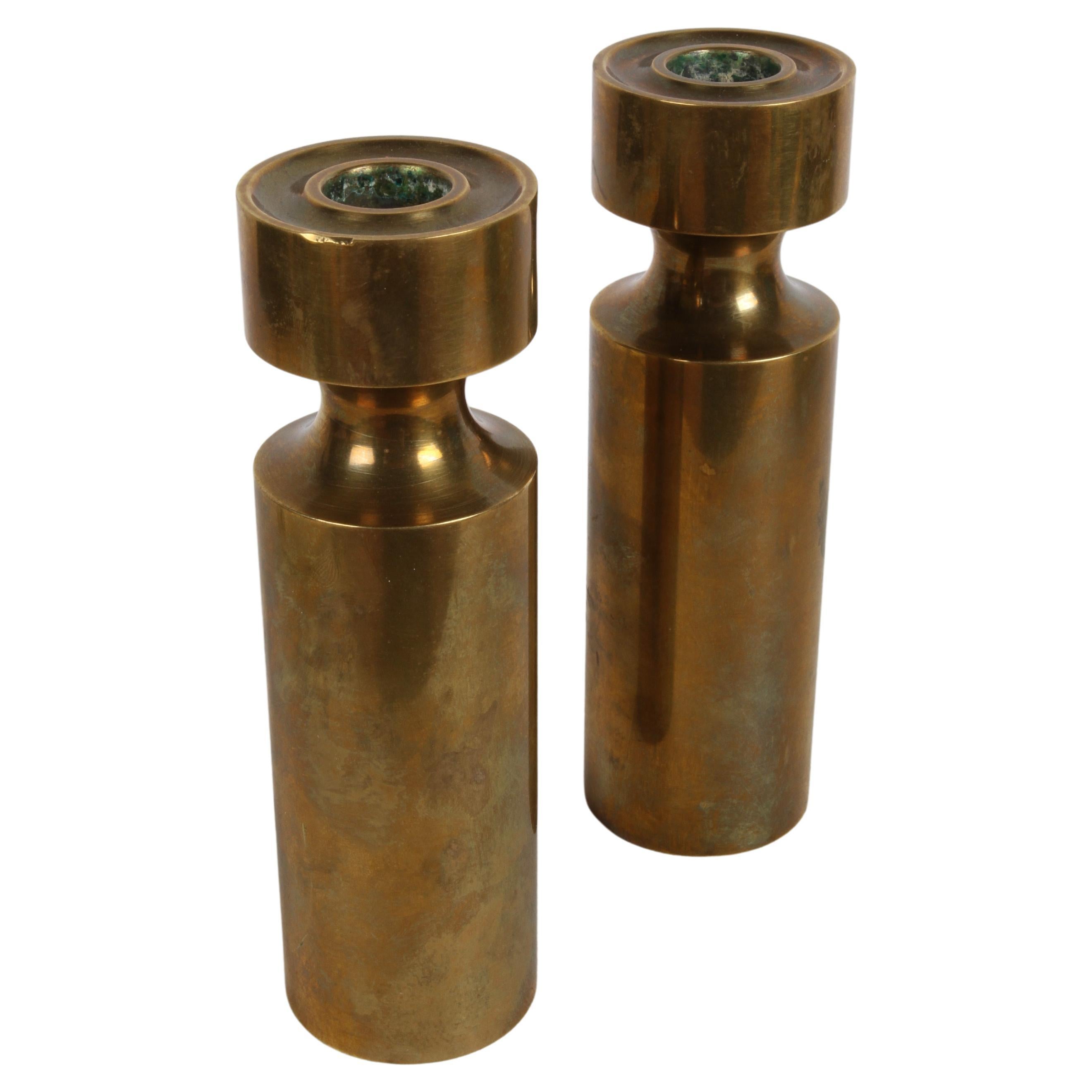 Pair of 1950s Scandinavian Heavy Solid Bronze Minimalist Candle Holders - Norway For Sale