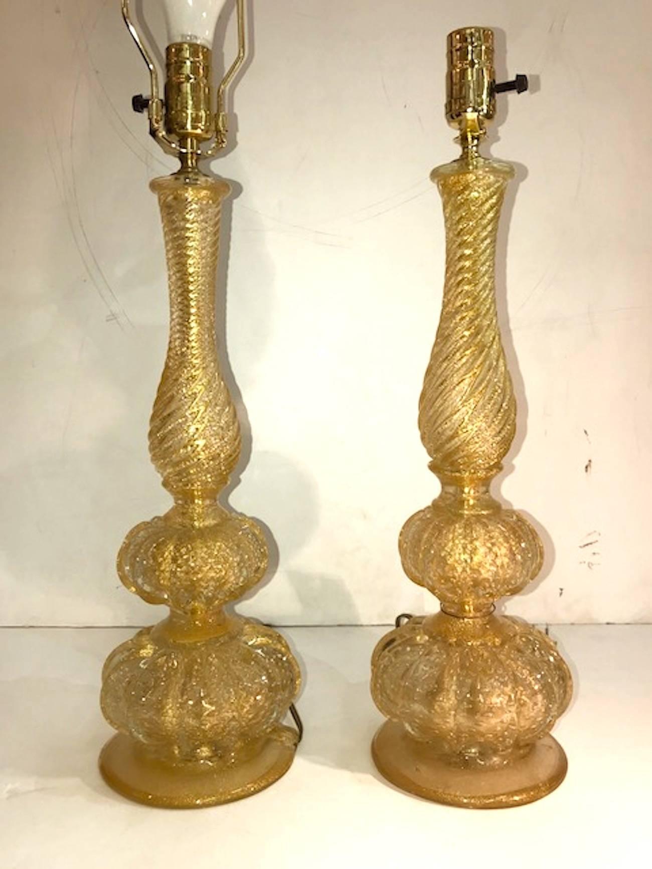 Hollywood Regency Pair of 1950s Seguso Aventurine Glass Table Lamps, Murano