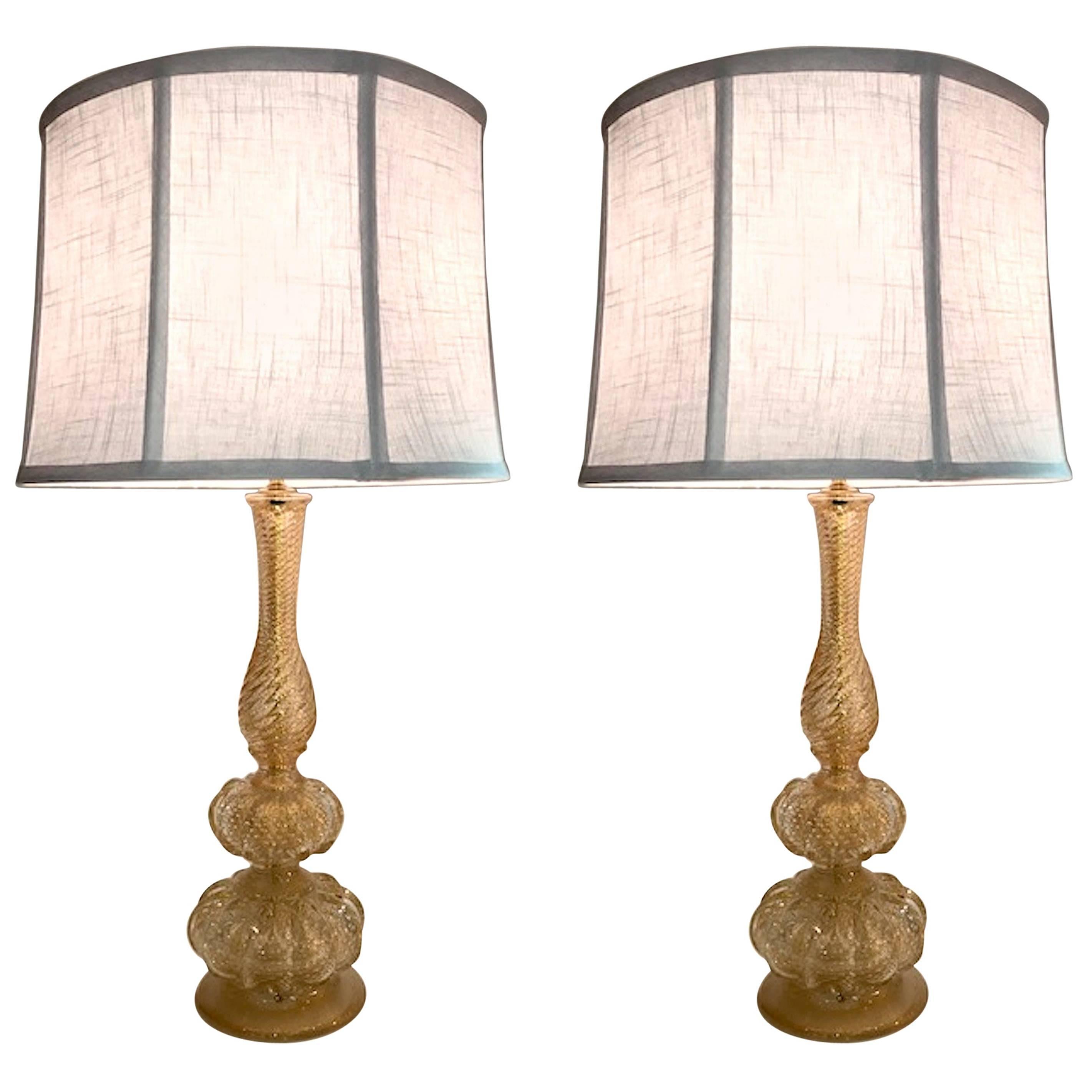 Pair of 1950s Seguso Aventurine Glass Table Lamps, Murano