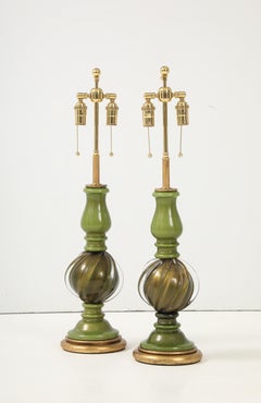 Pair of 1950's Seguso Green Murano Glass Lamps