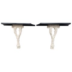 Pair of 1950s Serge Roche Style Carved Wood and Lacquered Palm Console Tables