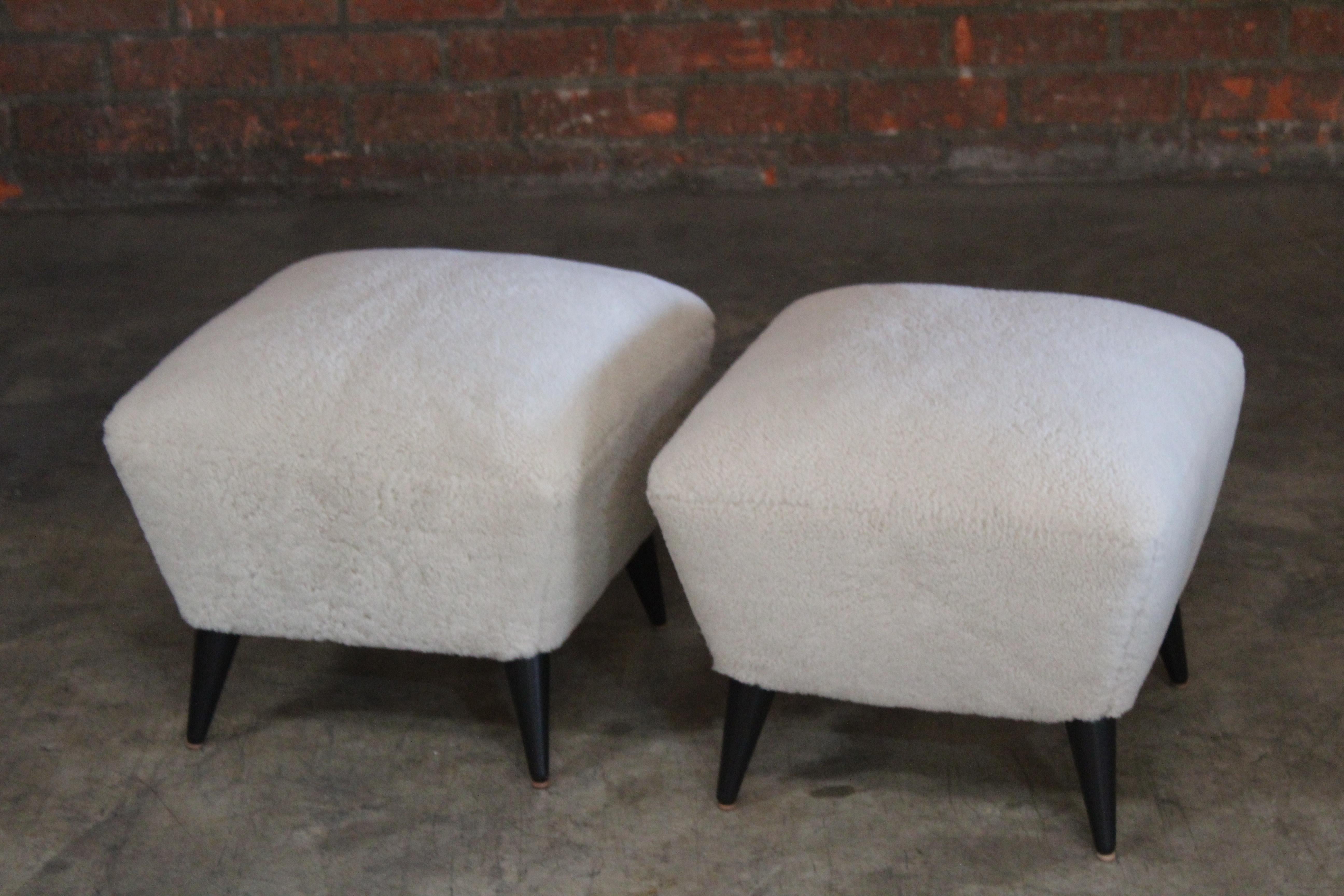 Mid-20th Century Pair of 1950s Sheepskin Ottomans by Henri Cailon for Erton, France, 1956
