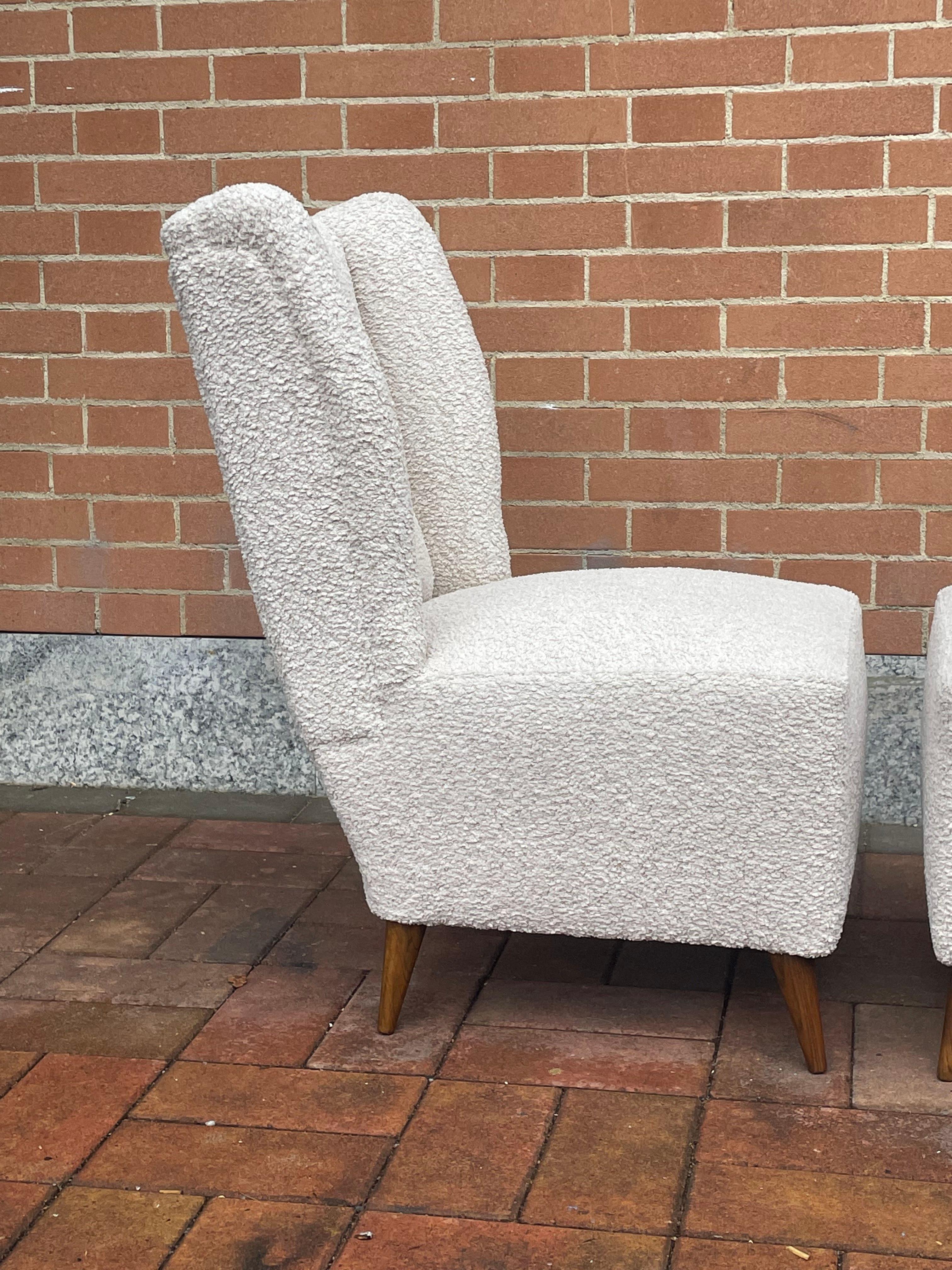 Pair of 1950s Slipper Chairs with New White Bouclé Upholstery For Sale 3