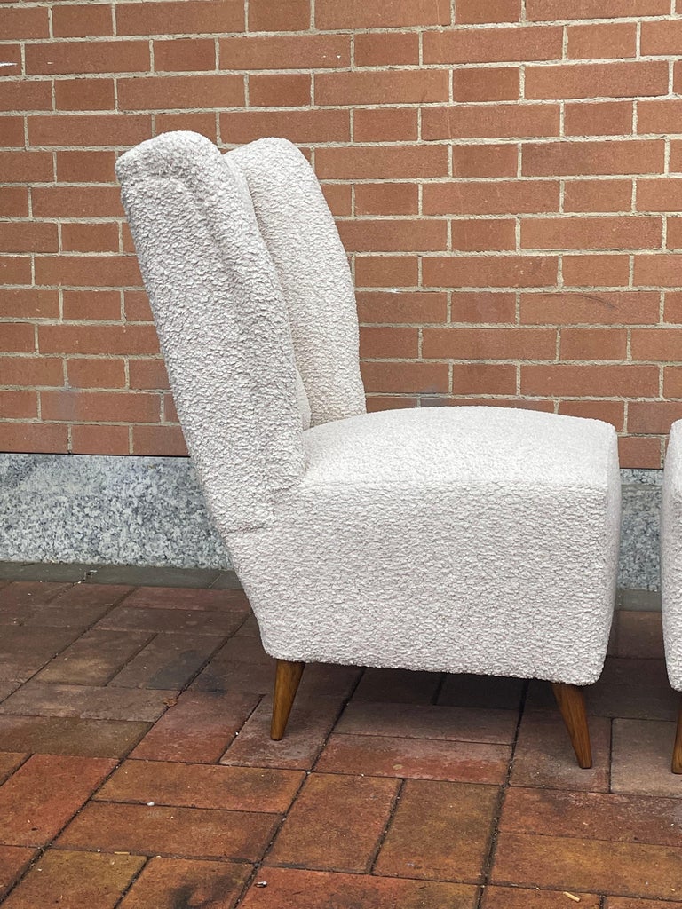 Pair Of 1950s Slipper Chairs With New White Boucl Upholstery For Sale pair-of-1950s-slipper-chairs-with-new-white-boucl-upholstery-for-sale
