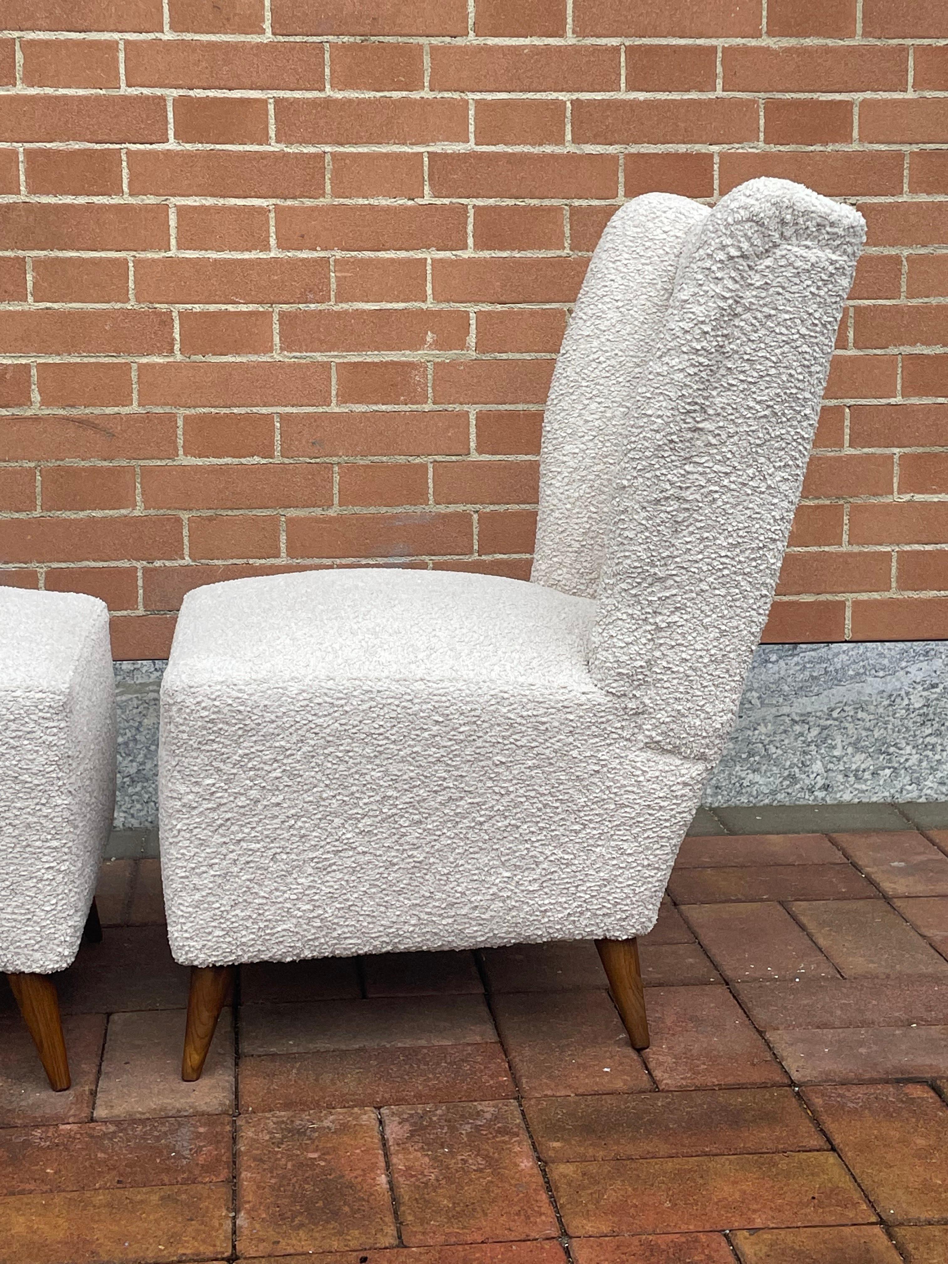 Pair of 1950s Slipper Chairs with New White Bouclé Upholstery For Sale 4