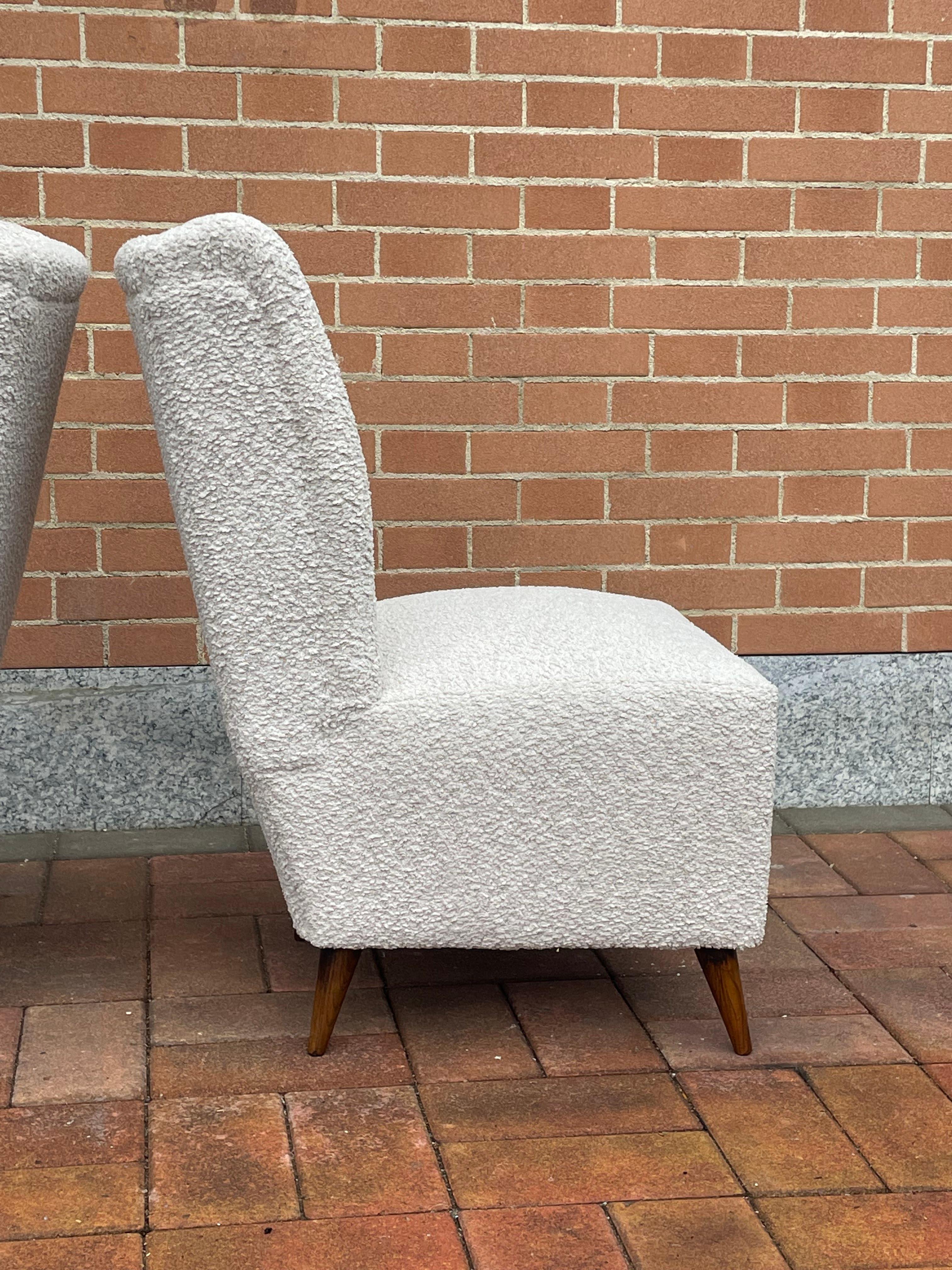 Pair of 1950s Slipper Chairs with New White Bouclé Upholstery For Sale 5