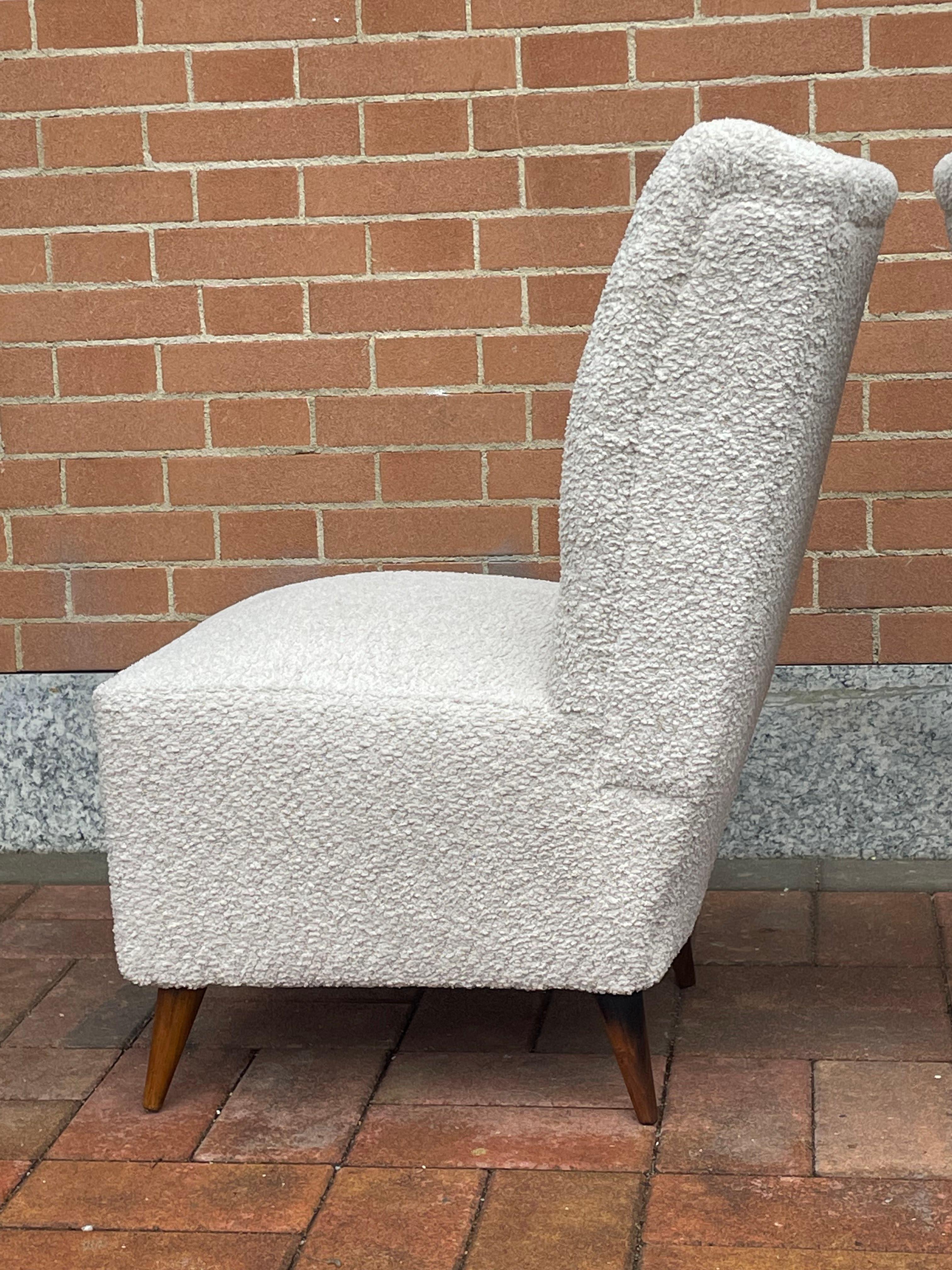 Pair of 1950s Slipper Chairs with New White Bouclé Upholstery For Sale 6