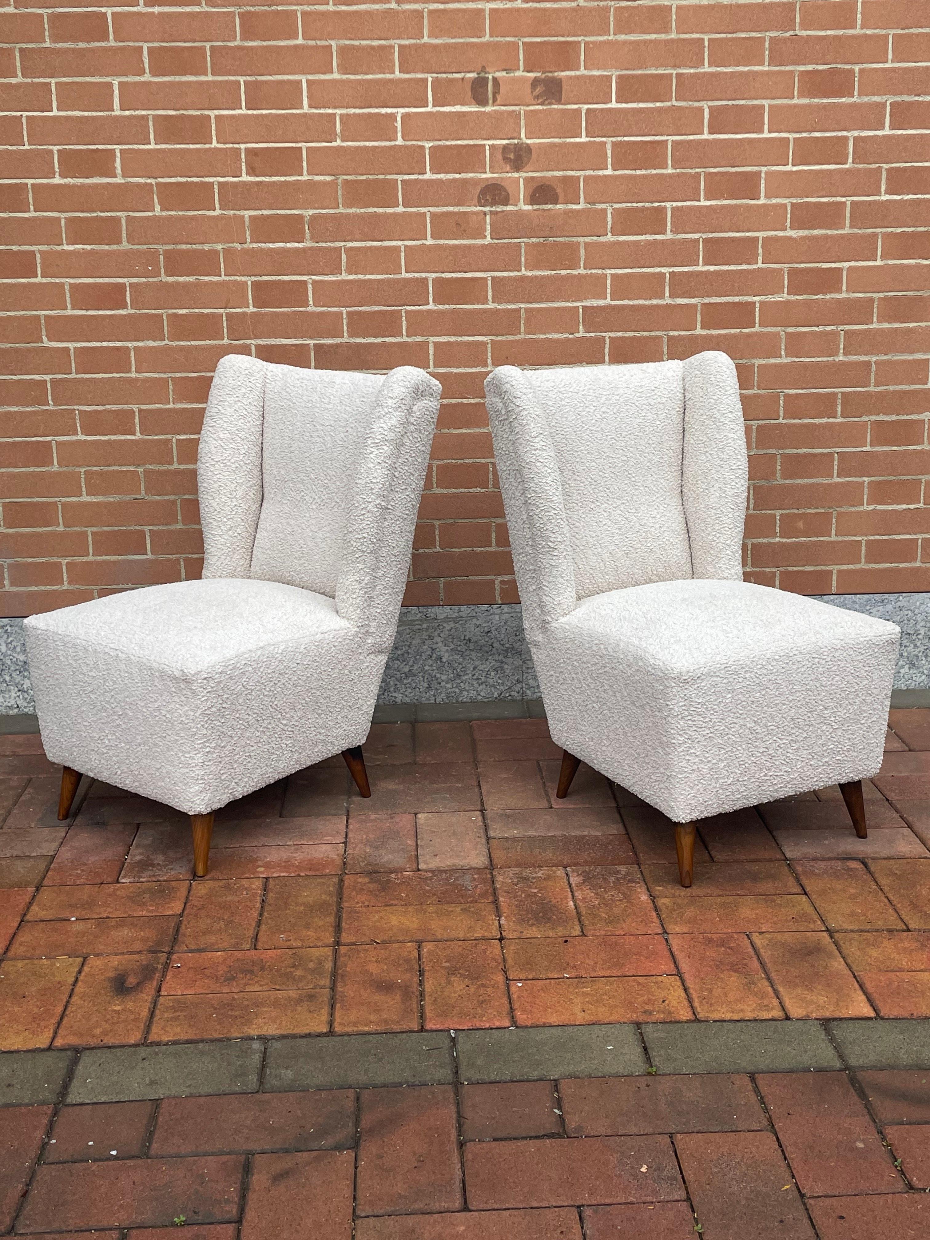 Pair of 1950s Slipper Chairs with New White Bouclé Upholstery For Sale 9