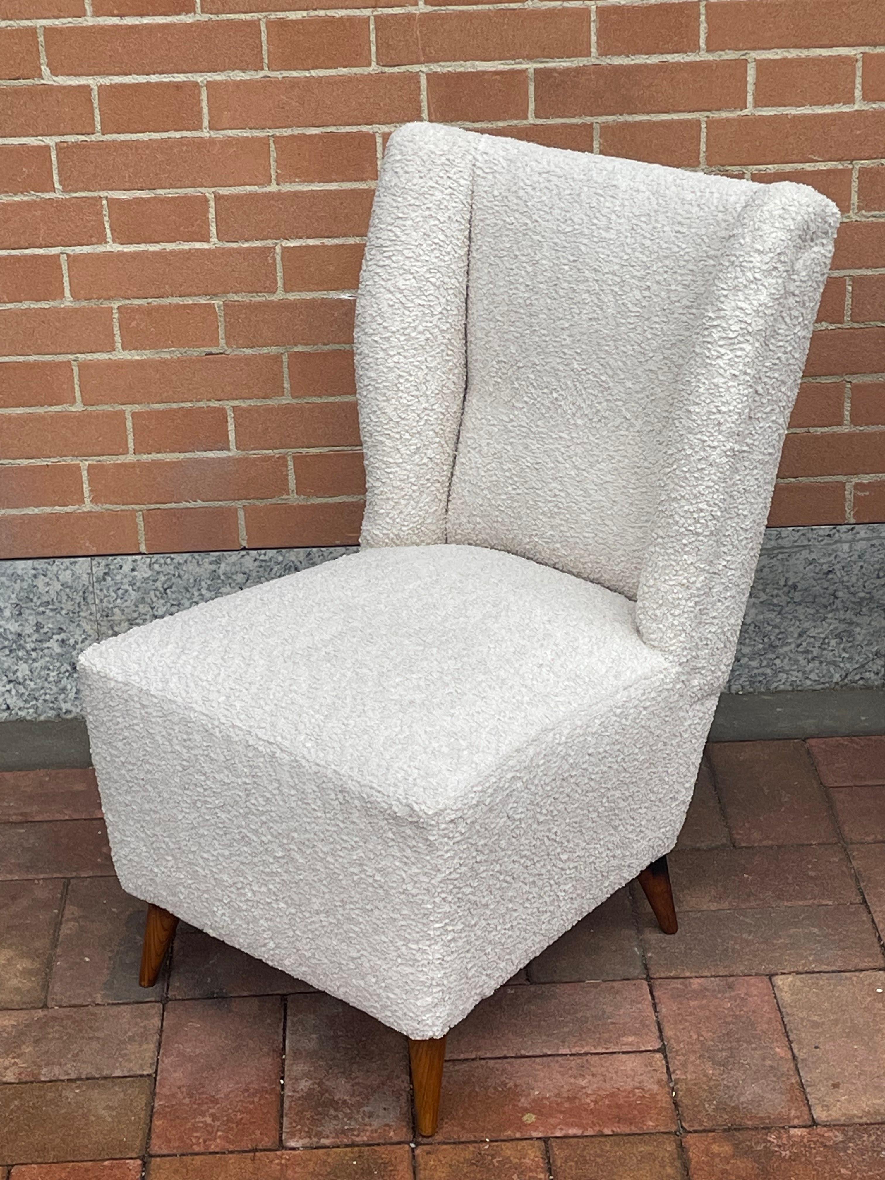 Pair of 1950s Slipper Chairs with New White Bouclé Upholstery For Sale 10