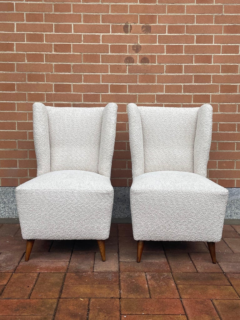 Pair of 1950s Slipper Chairs with New White Bouclé Upholstery For Sale