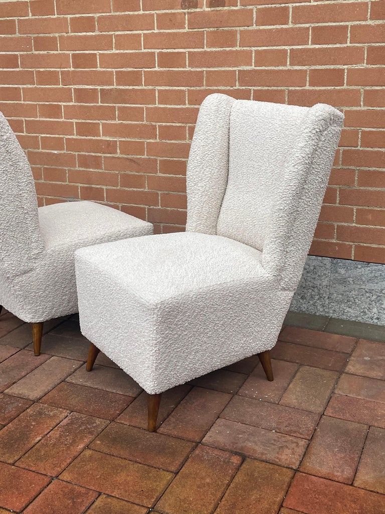 Pair Of 1950s Slipper Chairs With New White Boucl Upholstery For Sale pair-of-1950s-slipper-chairs-with-new-white-boucl-upholstery-for-sale