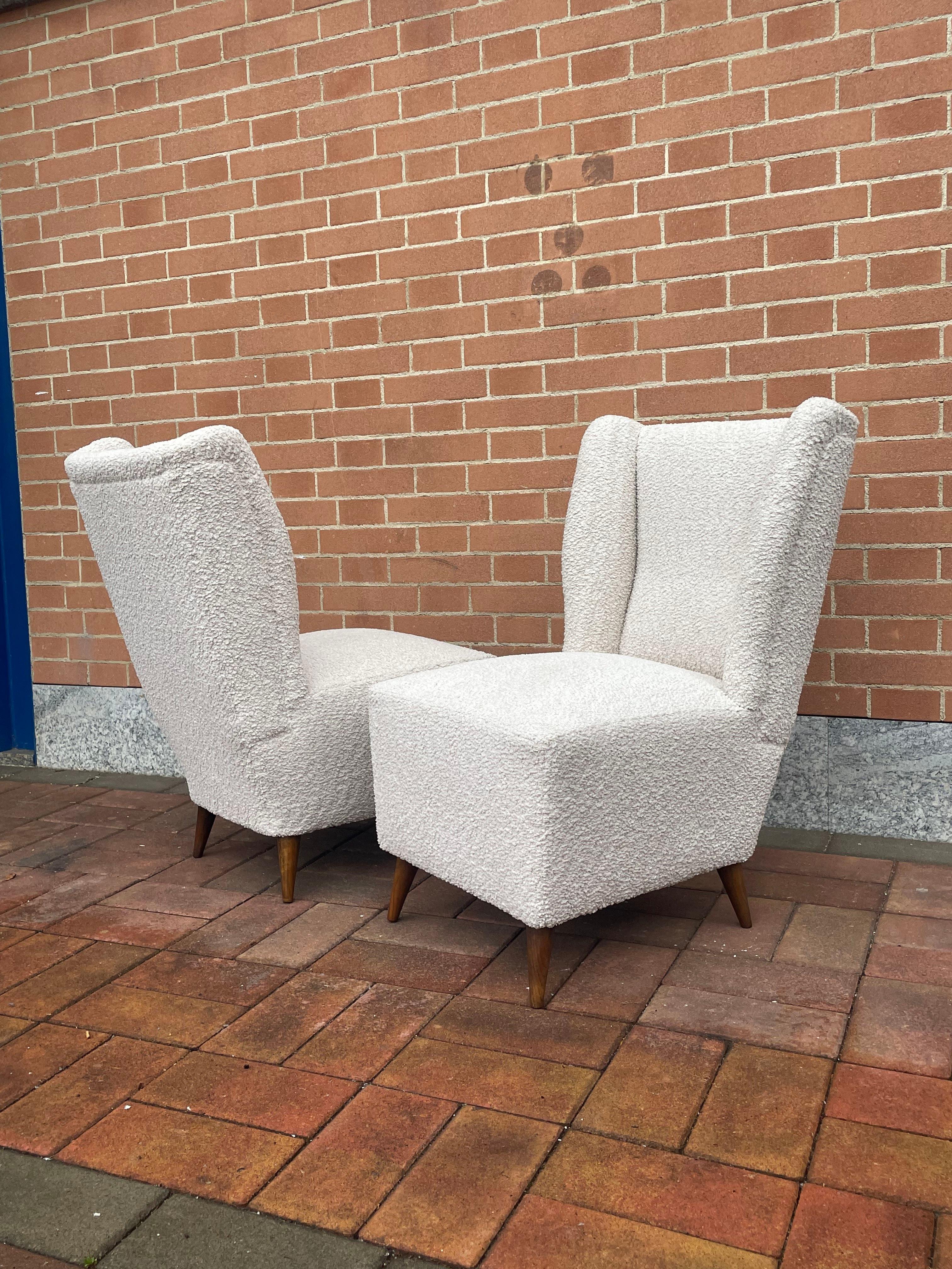 Mid-20th Century Pair of 1950s Slipper Chairs with New White Bouclé Upholstery For Sale