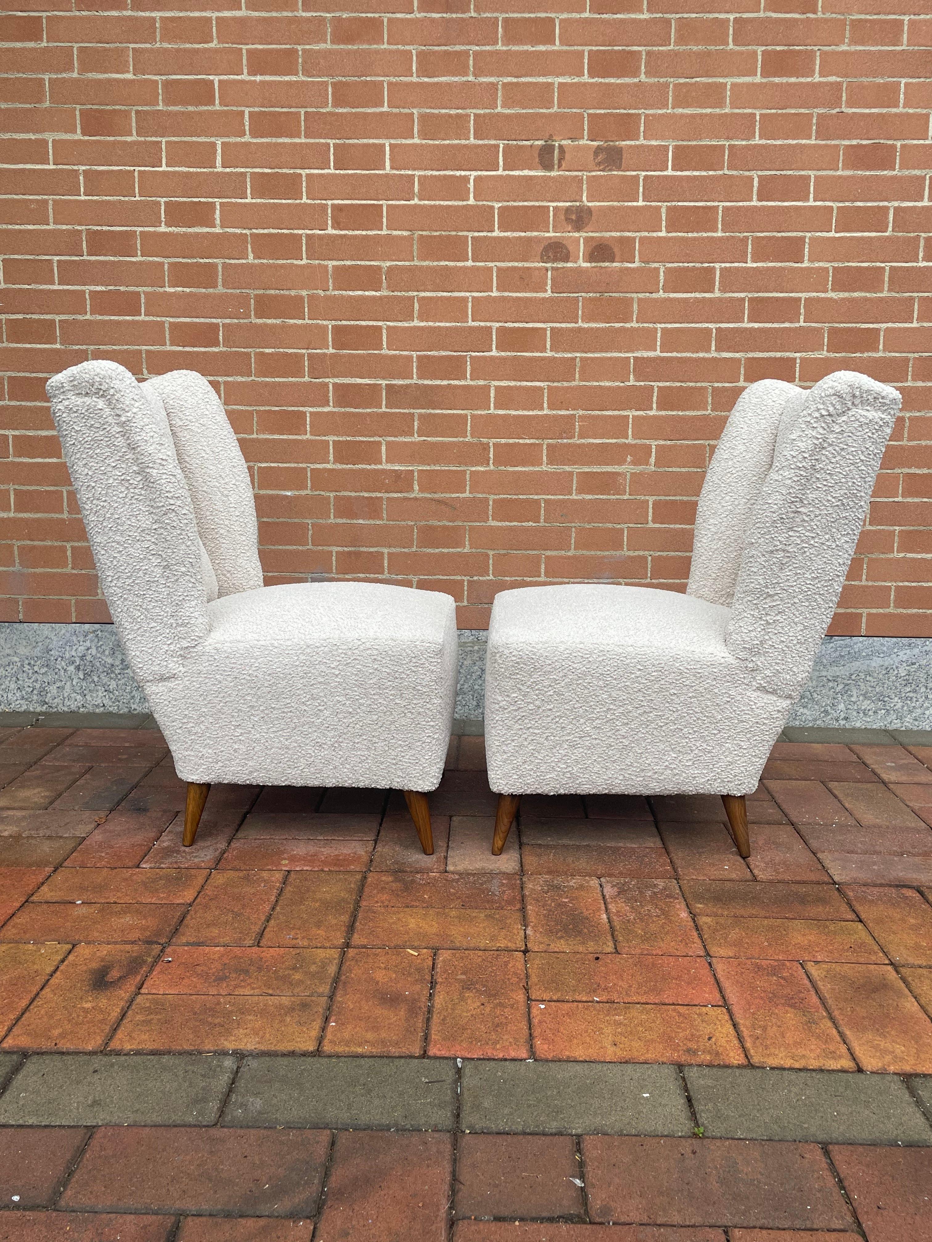 Pair of 1950s Slipper Chairs with New White Bouclé Upholstery For Sale 2