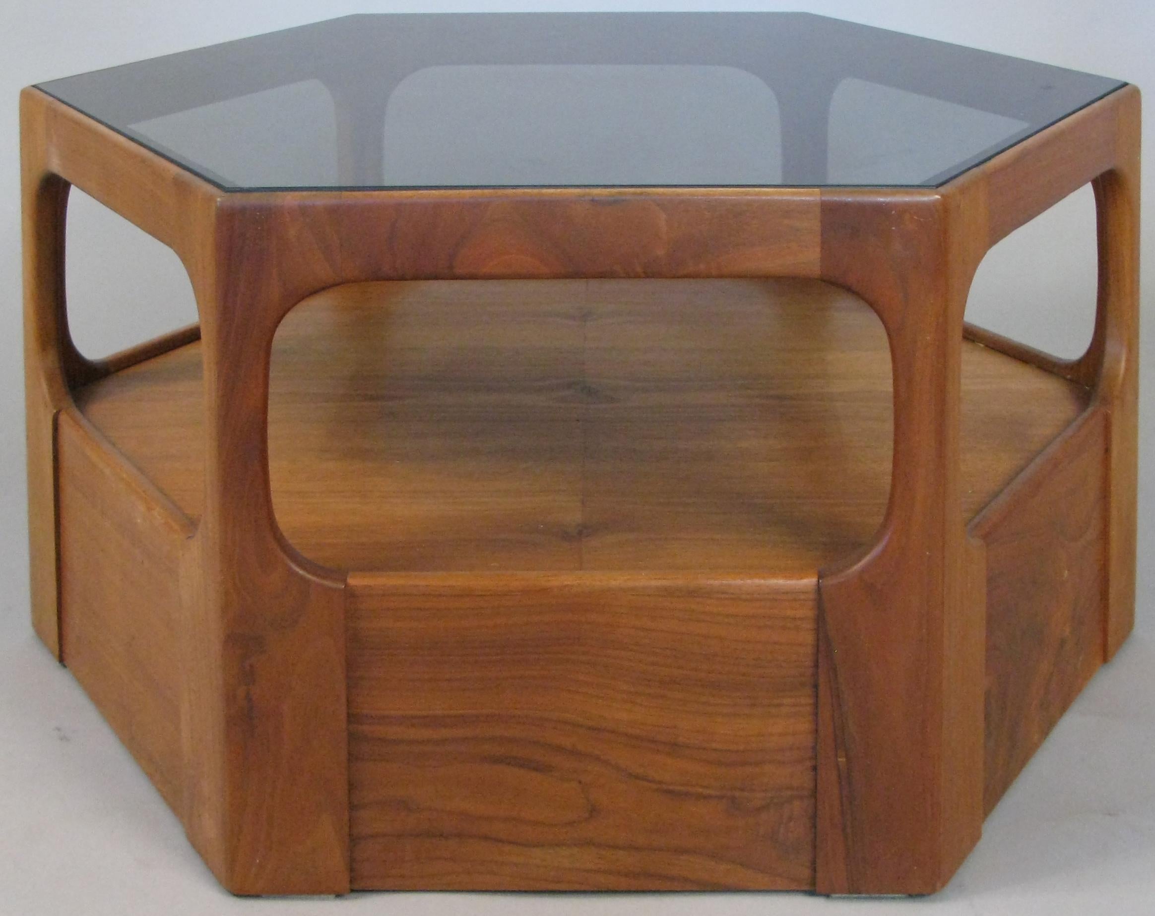 Mid-Century Modern Pair of 1950s Solid Walnut Hexagonal Glass Tables