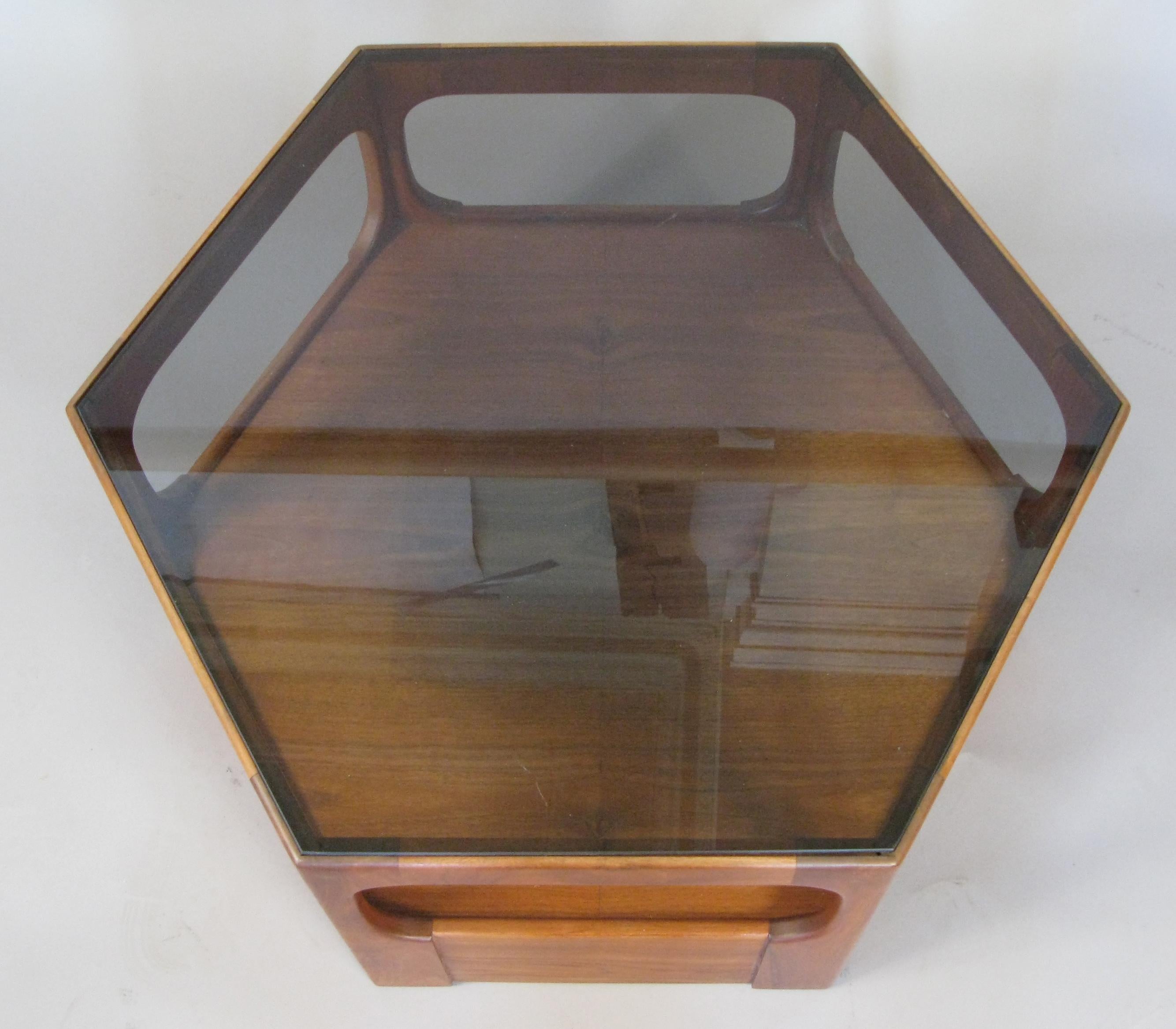 Pair of 1950s Solid Walnut Hexagonal Glass Tables In Good Condition In Hudson, NY