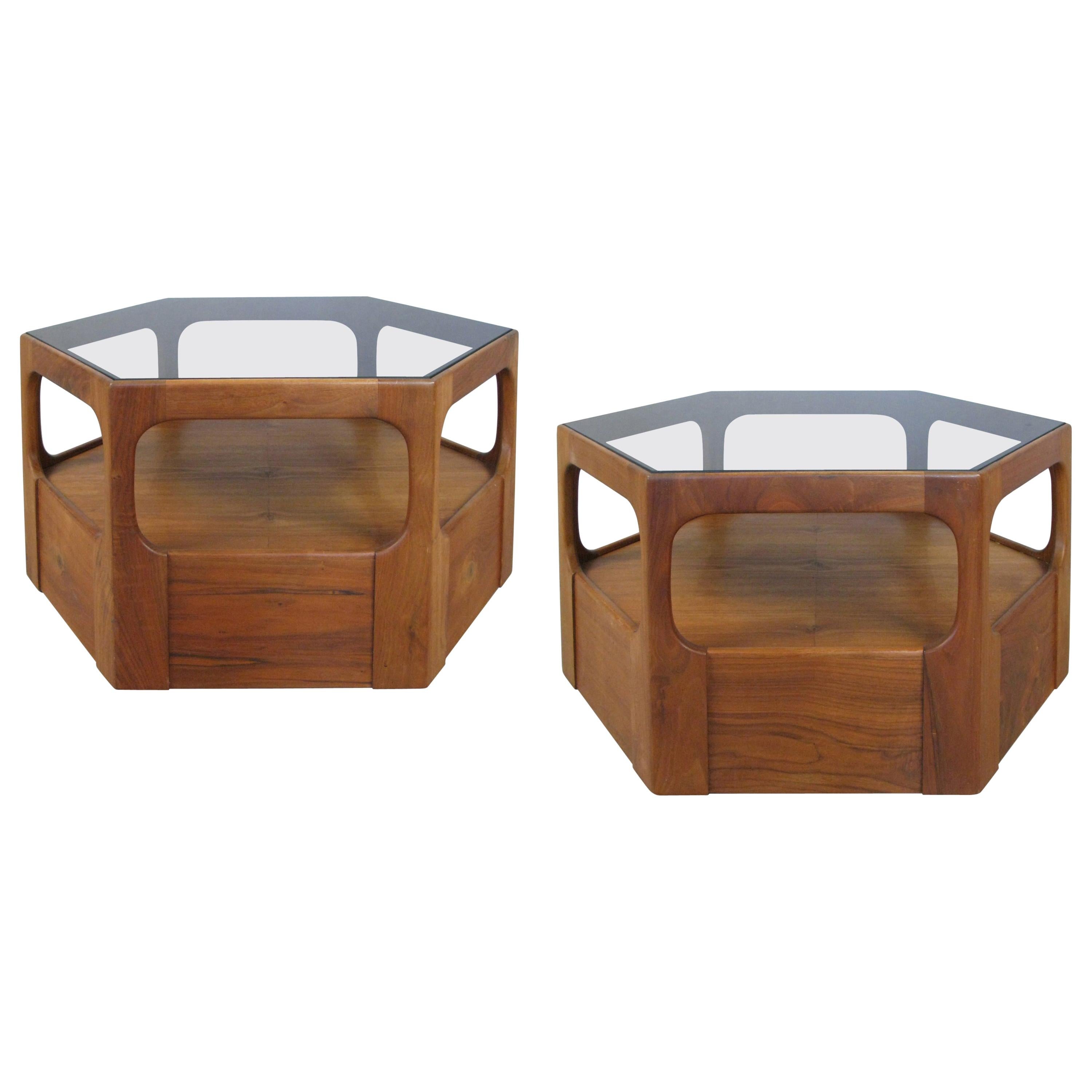 Pair of 1950s Solid Walnut Hexagonal Glass Tables