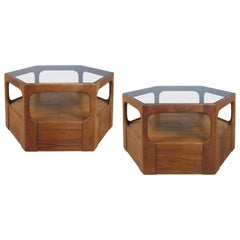 Pair of 1950s Solid Walnut Hexagonal Glass Tables