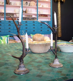 Pair of 1950s Anthony Redmile 2-Arm Candlesticks w/ Silver Base & Natural Horn